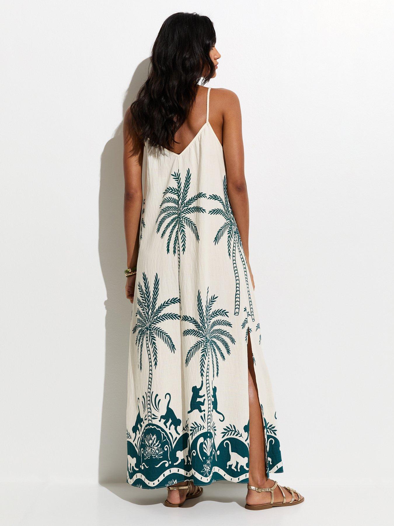 Image 2 of 5 of New Look Woven Palm Pattern Beach Maxi Dress - Green