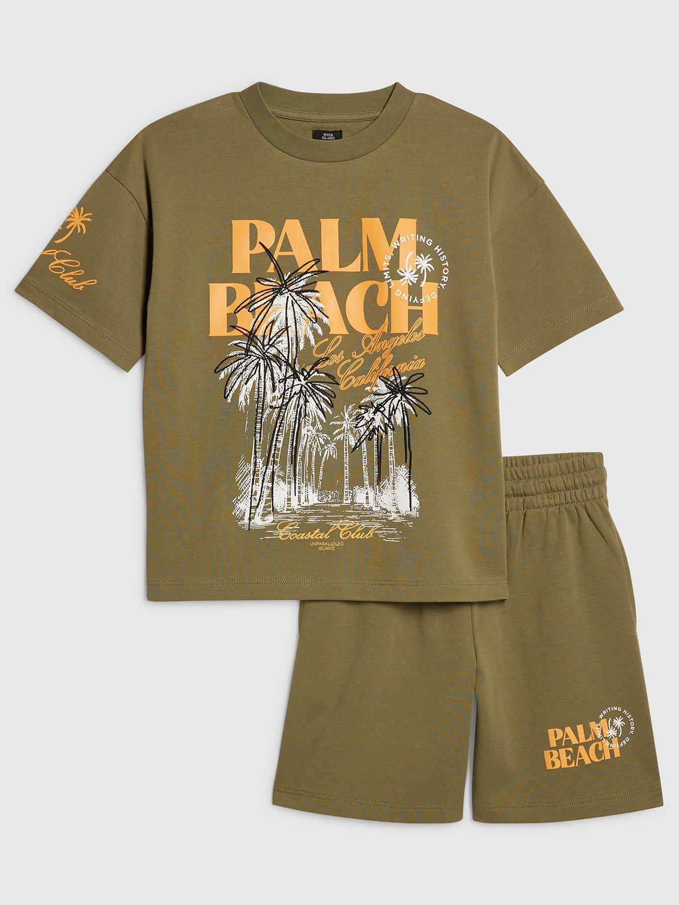 River Island Older Boys Palm Beach Back Print T-Shirt Set - Khaki