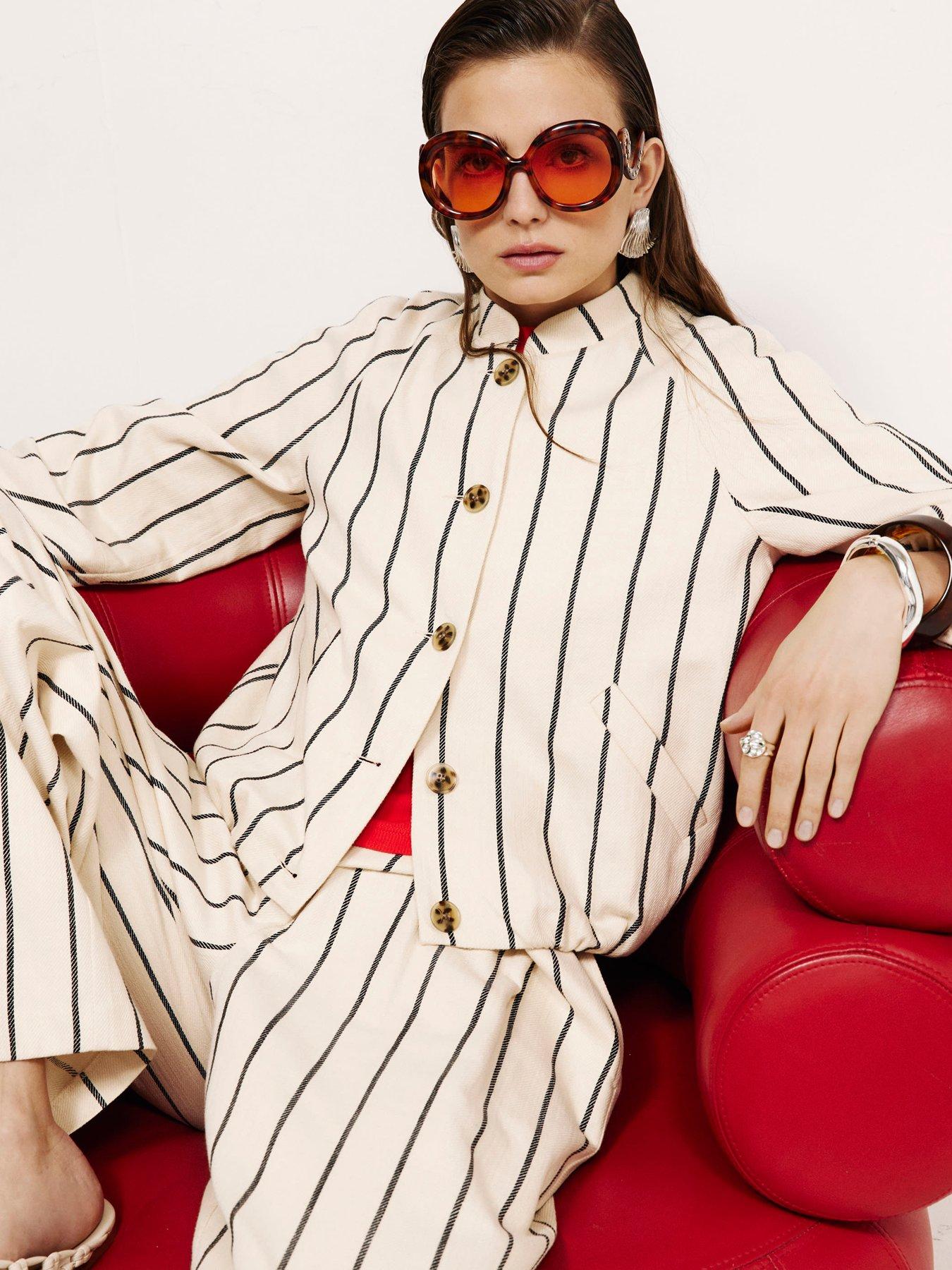 Image 1 of 6 of River Island Long Sleeve Stripe Cotton Bomber - Cream