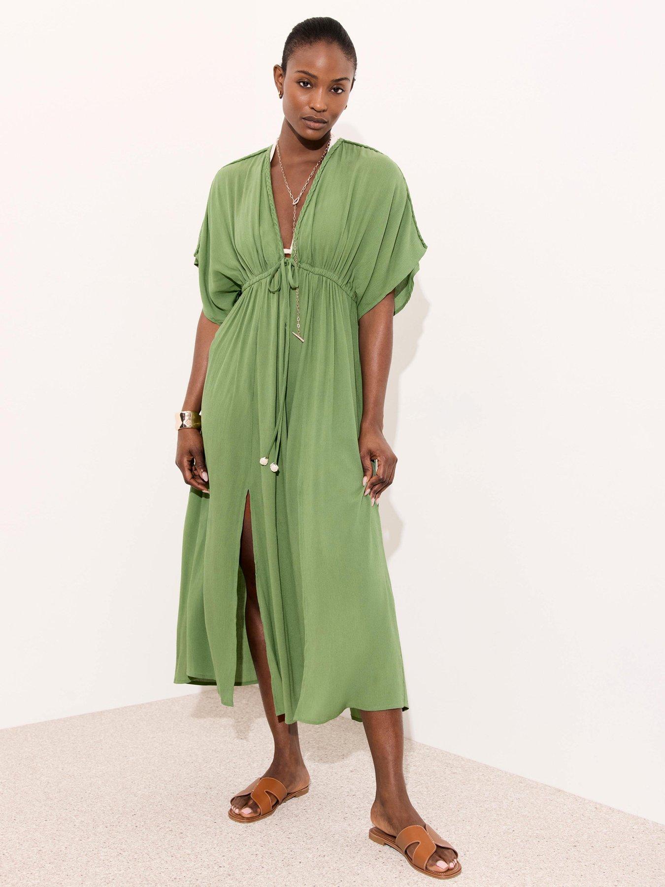 Image 1 of 6 of Mint Velvet Cotton Kaftan Dress - Green