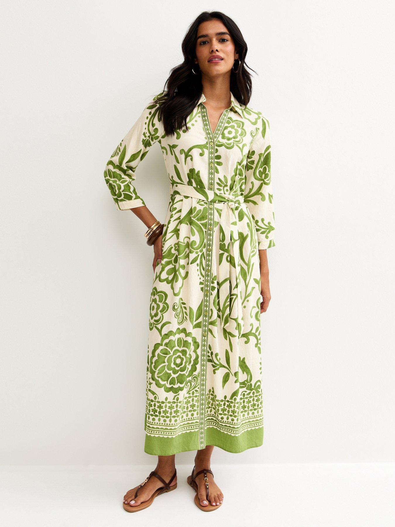new-look-floral-border-tile-print-midi-shirt-dress-green