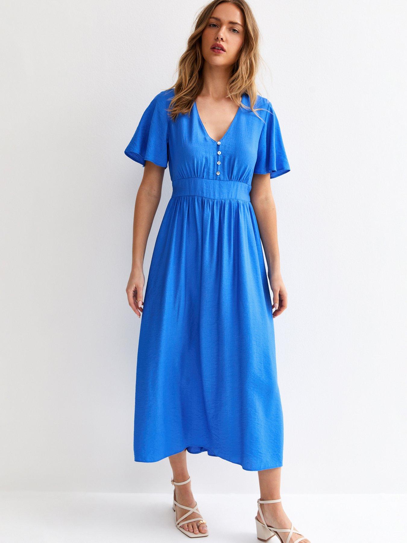 new look dresses blue HALTER SATIN MIDI DRESS IN SKY BLUE- BELLA GALVAN