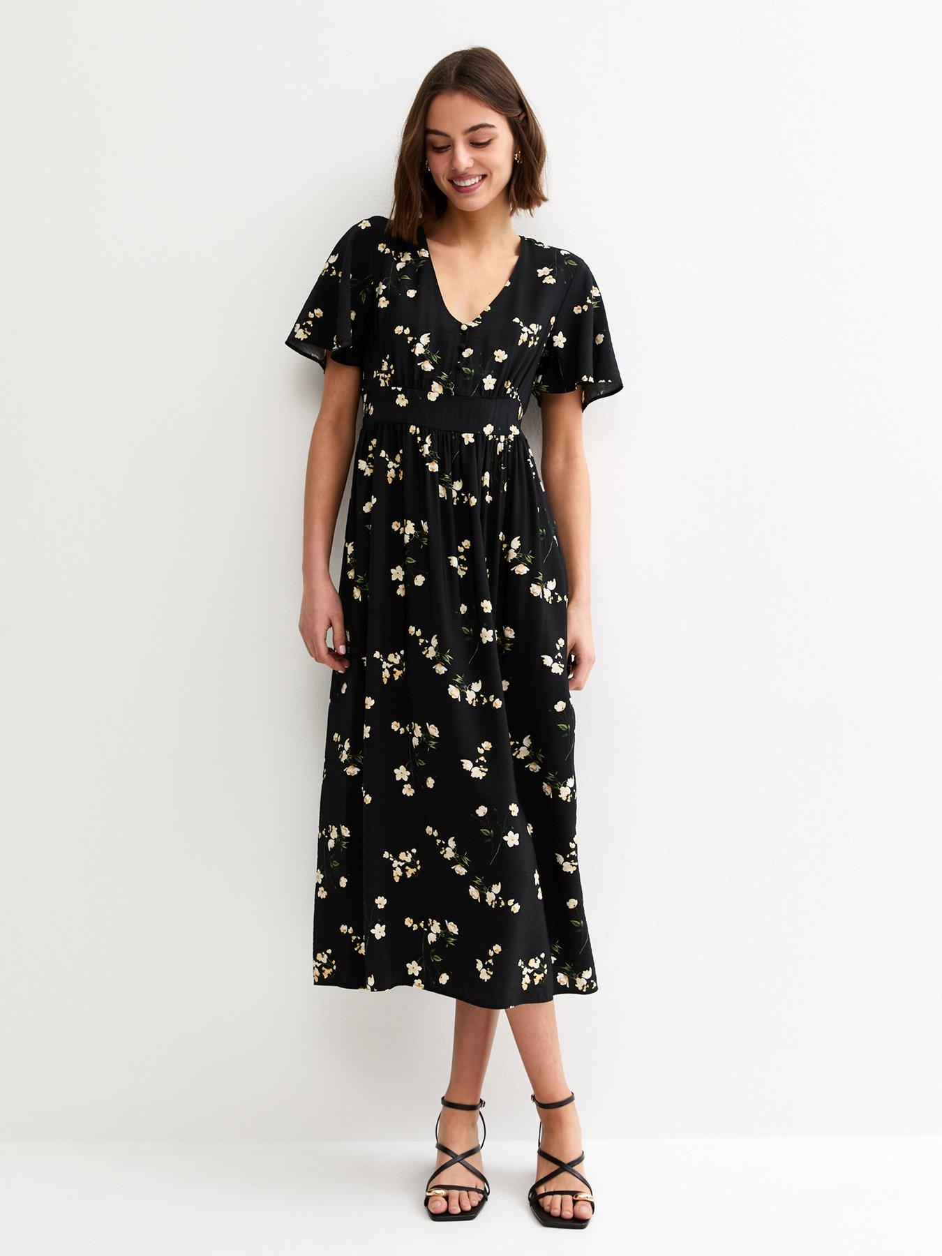 new-look-floral-flutter-sleeve-midi-dress-blackfront