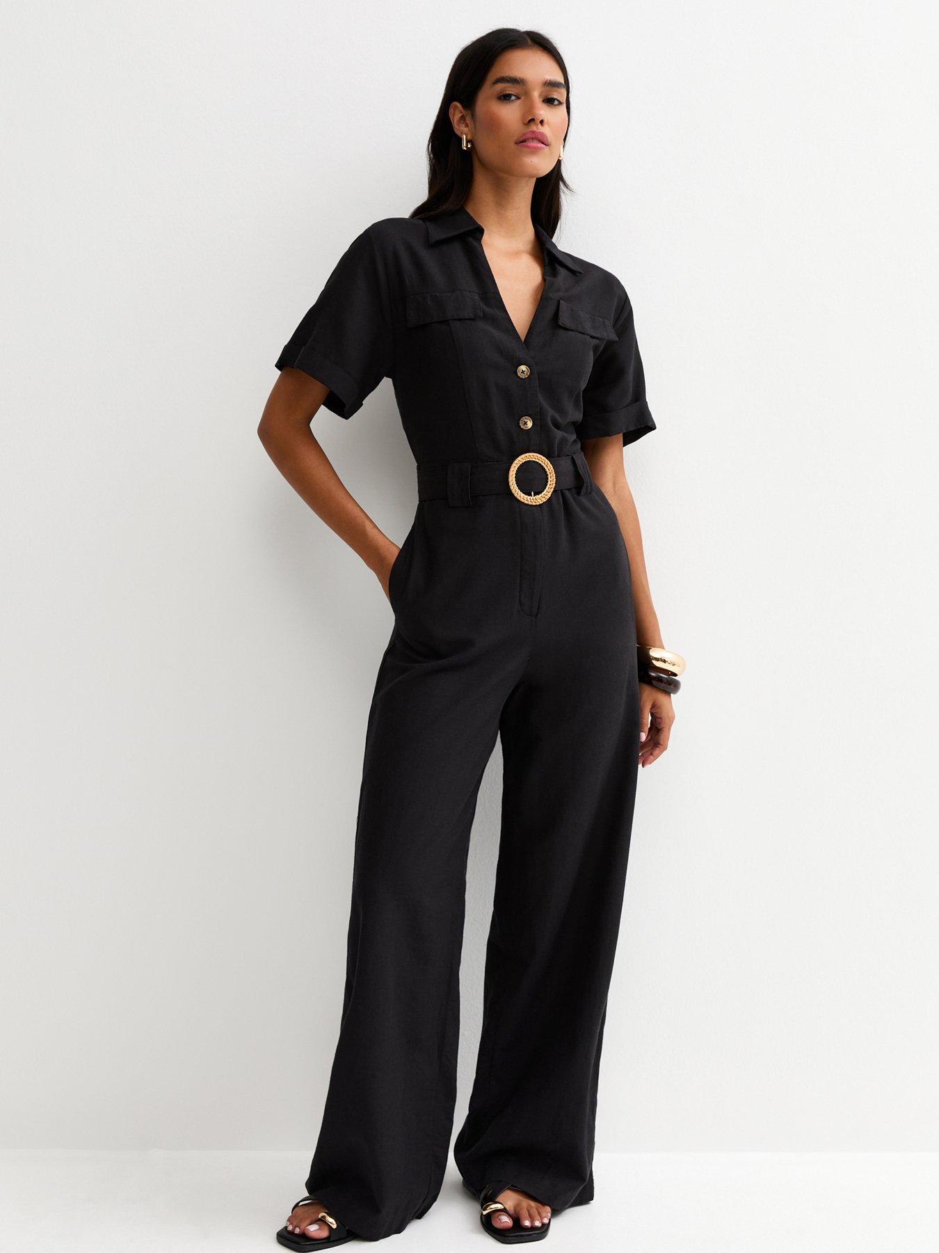 New Look Black Linen Look Short Sleeve Belted Jumpsuit