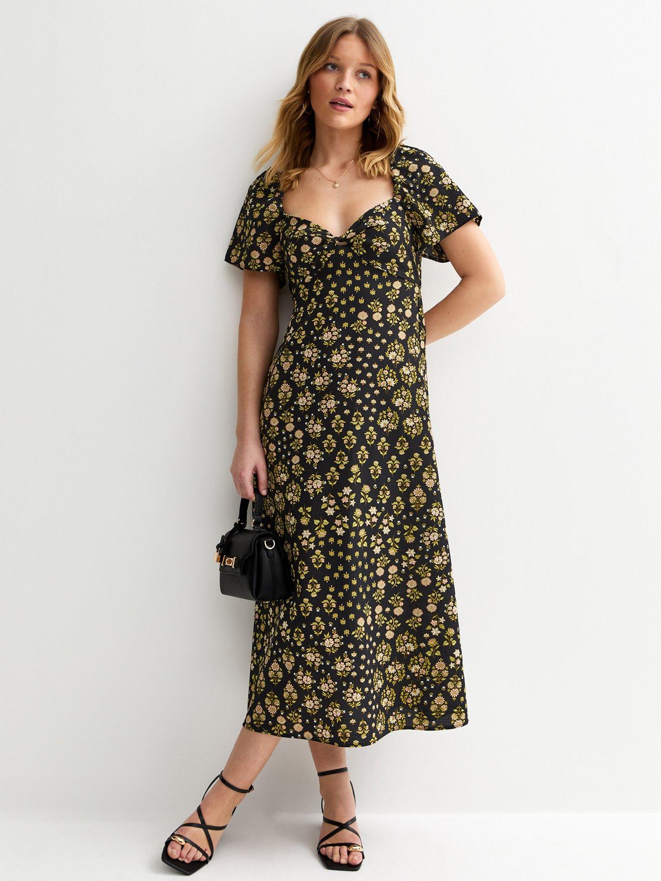 New Look Black Floral Sweetheart Neck Midi Dress