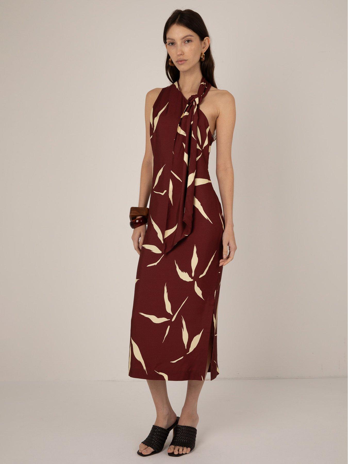 Image 1 of 4 of Vi.ve.re Hattie Bamboo Leaf Print Dress