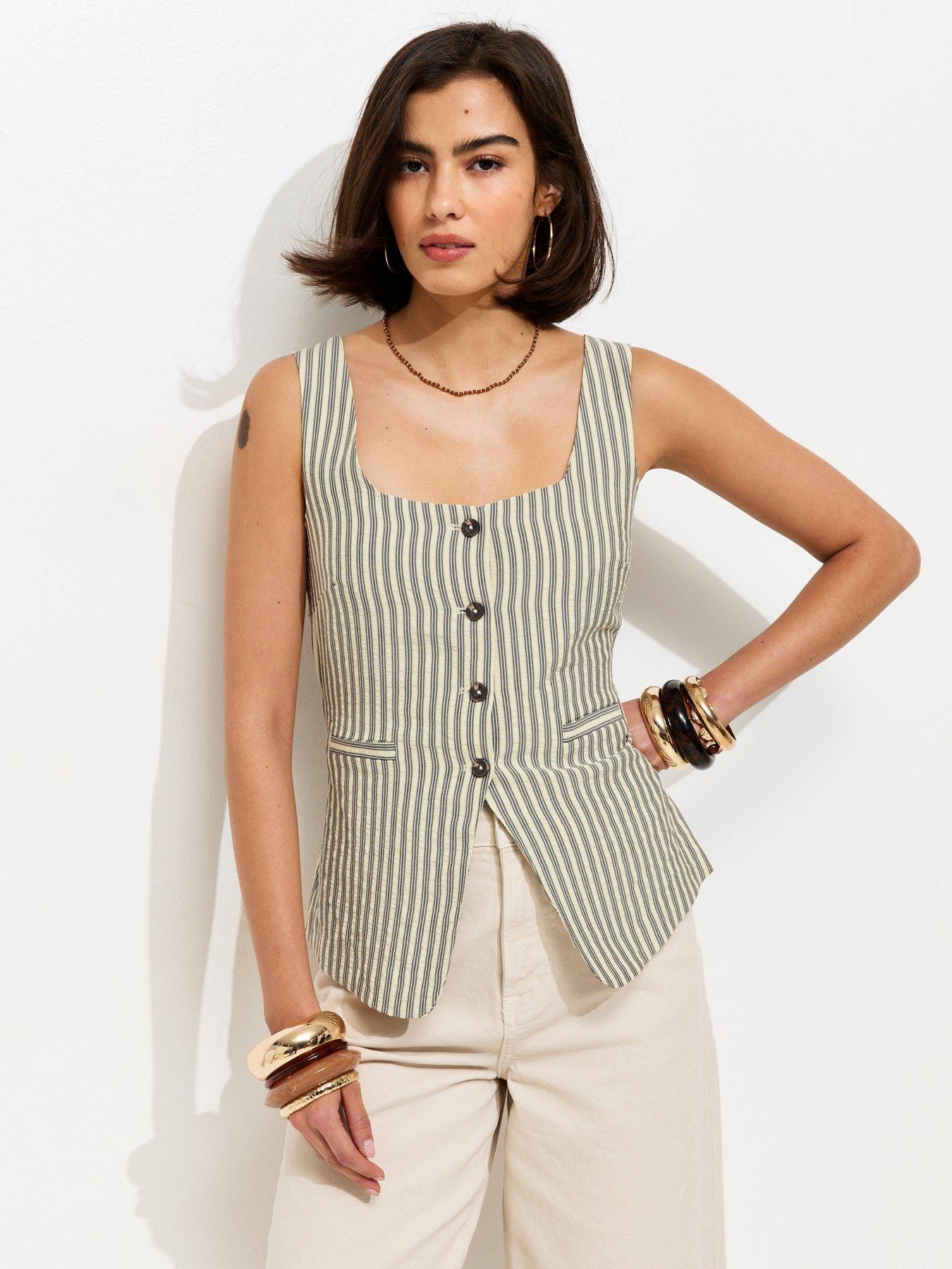 New Look Striped Button Front Waistcoat - Cream