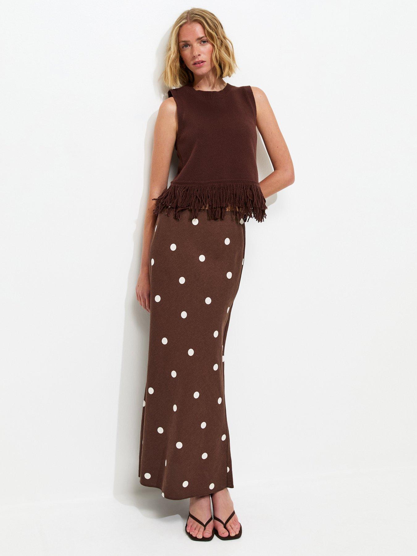 New Look Linen Blend Polka Dot Bias Cut Midi Skirt - Brown
