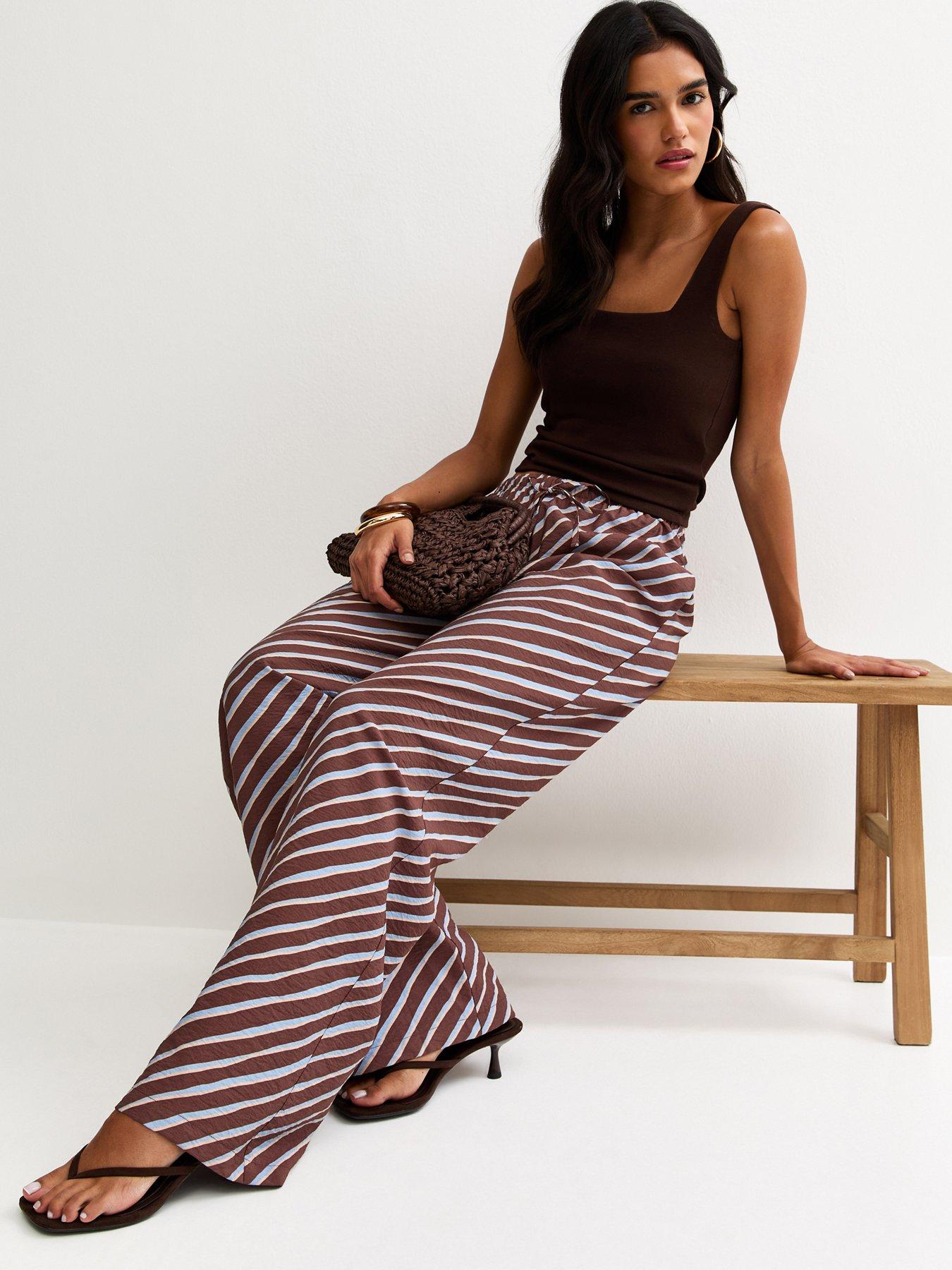 Image 4 of 6 of New Look Diagonal Stripe Wide Leg Trousers - Brown