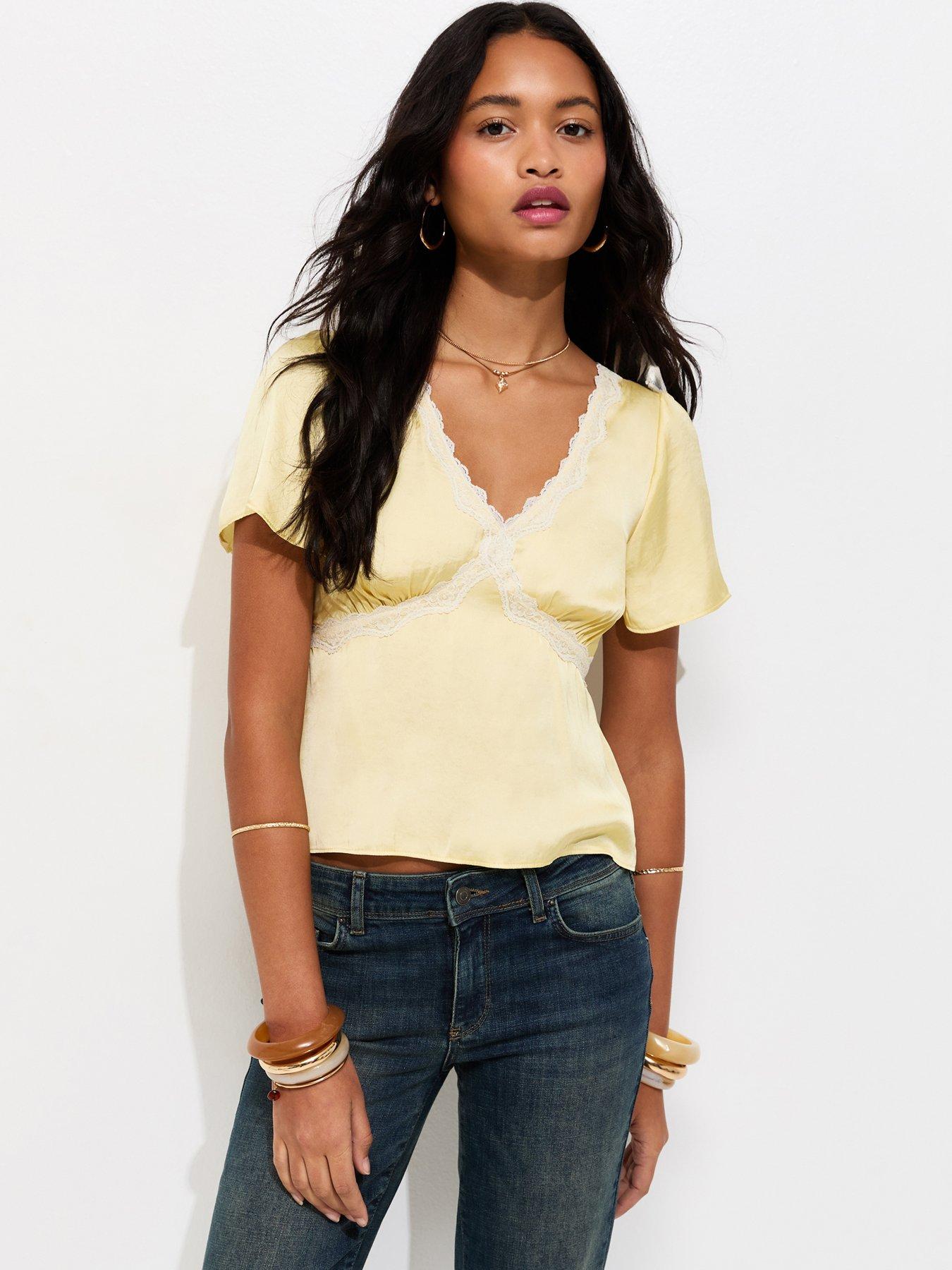 New Look Lace Trim Flutter Sleeve Satin Tea Top - Light Yellow