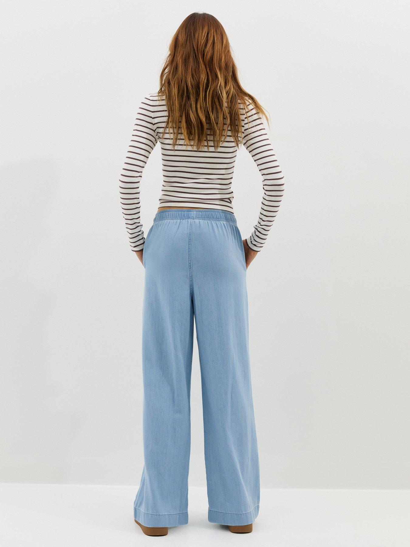 Image 2 of 7 of New Look Denim Drawstring Wide Leg Trousers - Light Blue