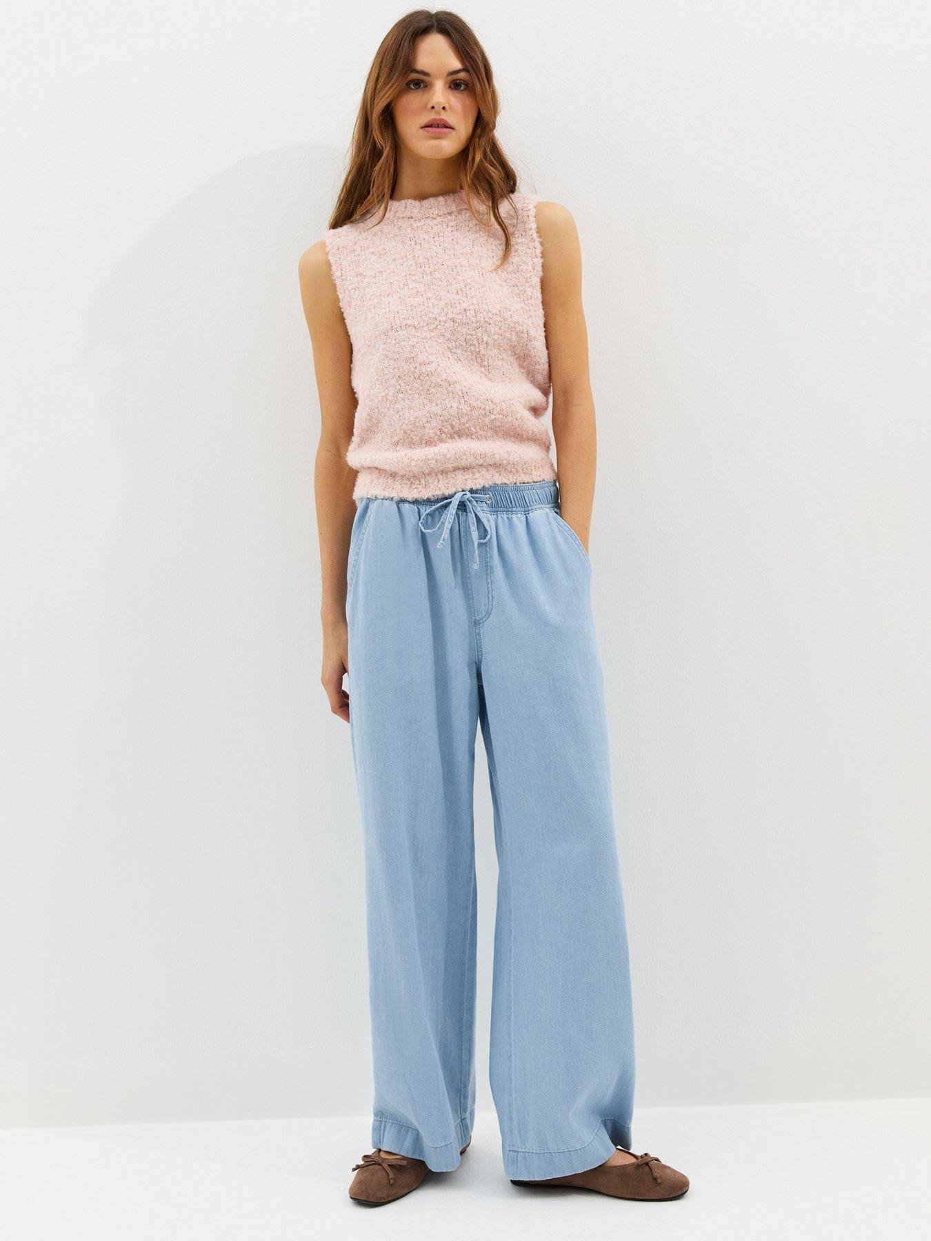 Image 5 of 7 of New Look Denim Drawstring Wide Leg Trousers - Light Blue