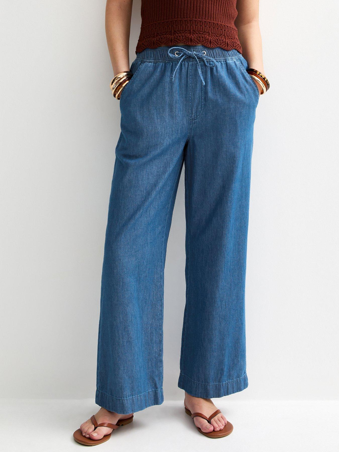 New Look Denim Drawstring Wide Leg Trousers - Blue