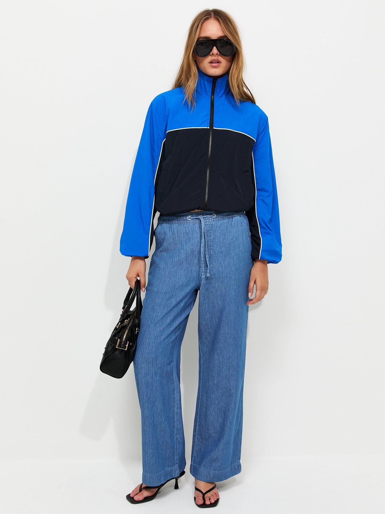 Image 1 of 6 of New Look Denim Drawstring Wide Leg Trousers - Blue