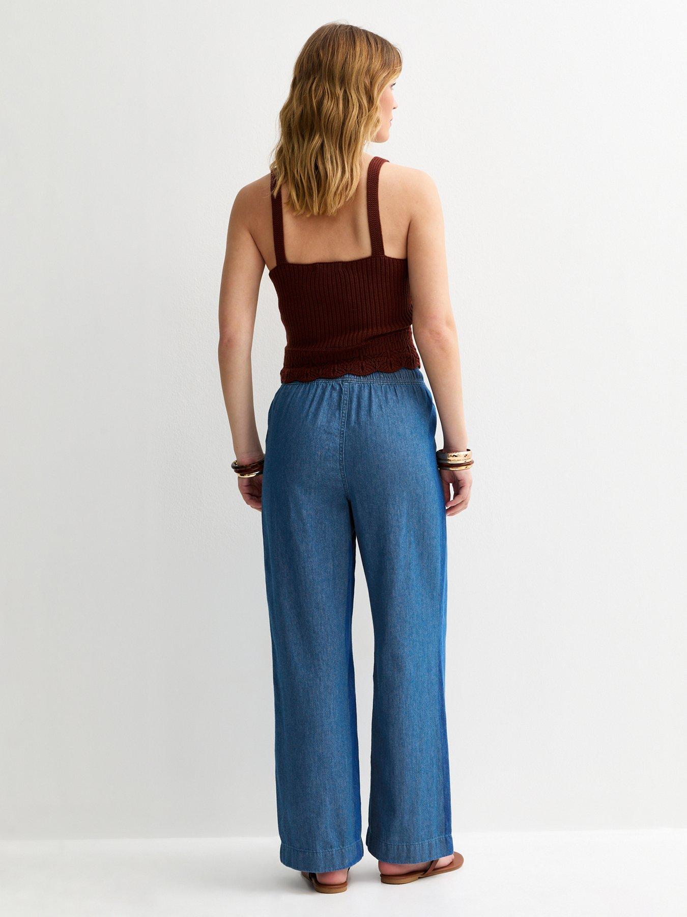 Image 2 of 6 of New Look Denim Drawstring Wide Leg Trousers - Blue
