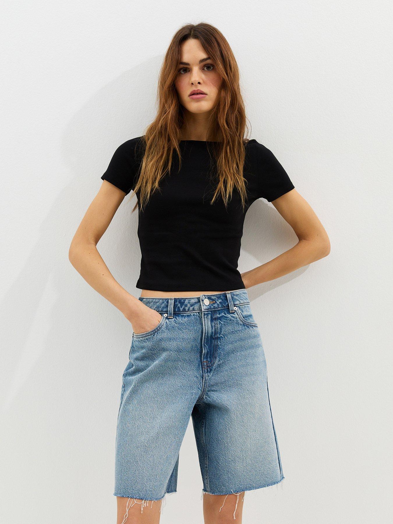 Image 1 of 6 of New Look Denim Cut Off Bermuda Shorts - Light Blue
