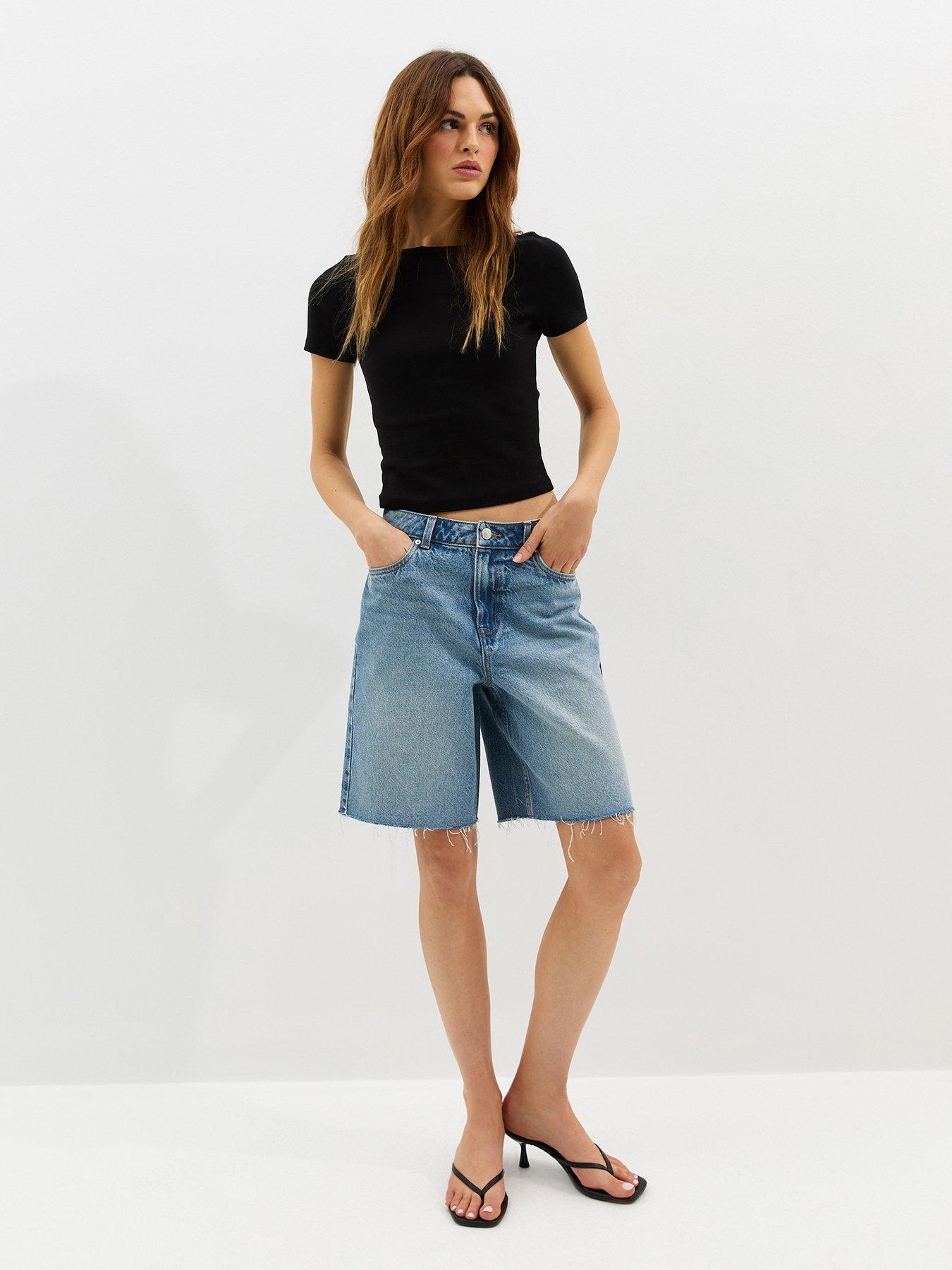 Image 3 of 6 of New Look Denim Cut Off Bermuda Shorts - Light Blue