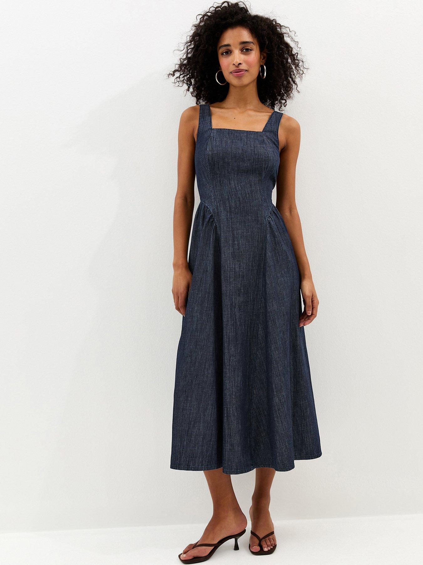 New Look Navy Denim Square Neck Midi Dress