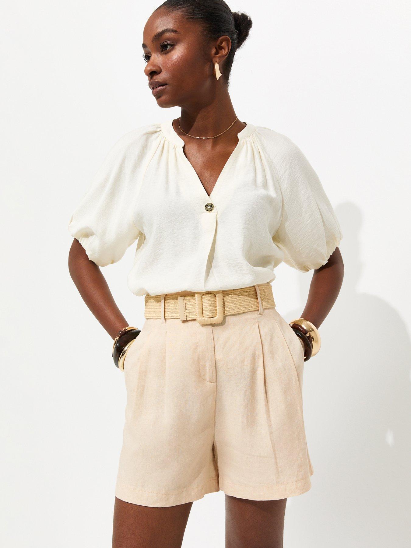Image 1 of 5 of New Look Stone Linen Blend Belted Shorts