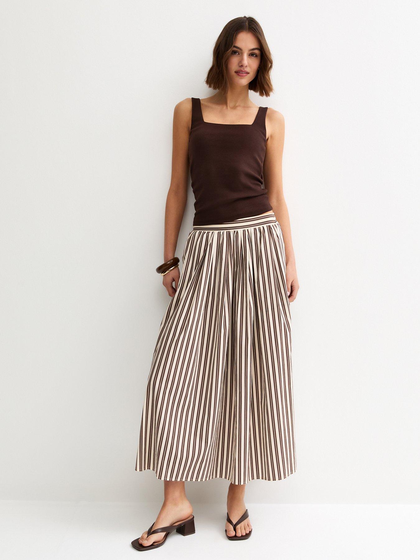 New Look Brown Cotton Poplin Striped Midi Skirt