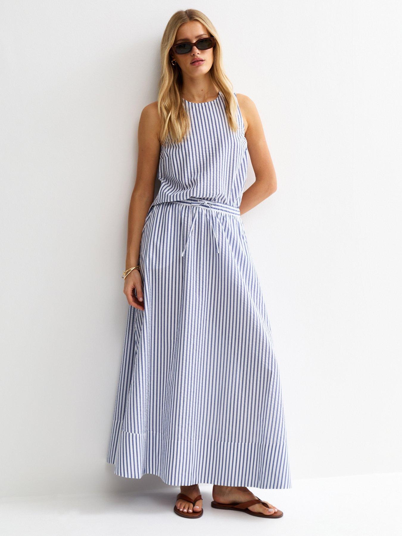 New Look Blue Striped Cotton Seersucker Circle Maxi Skirt