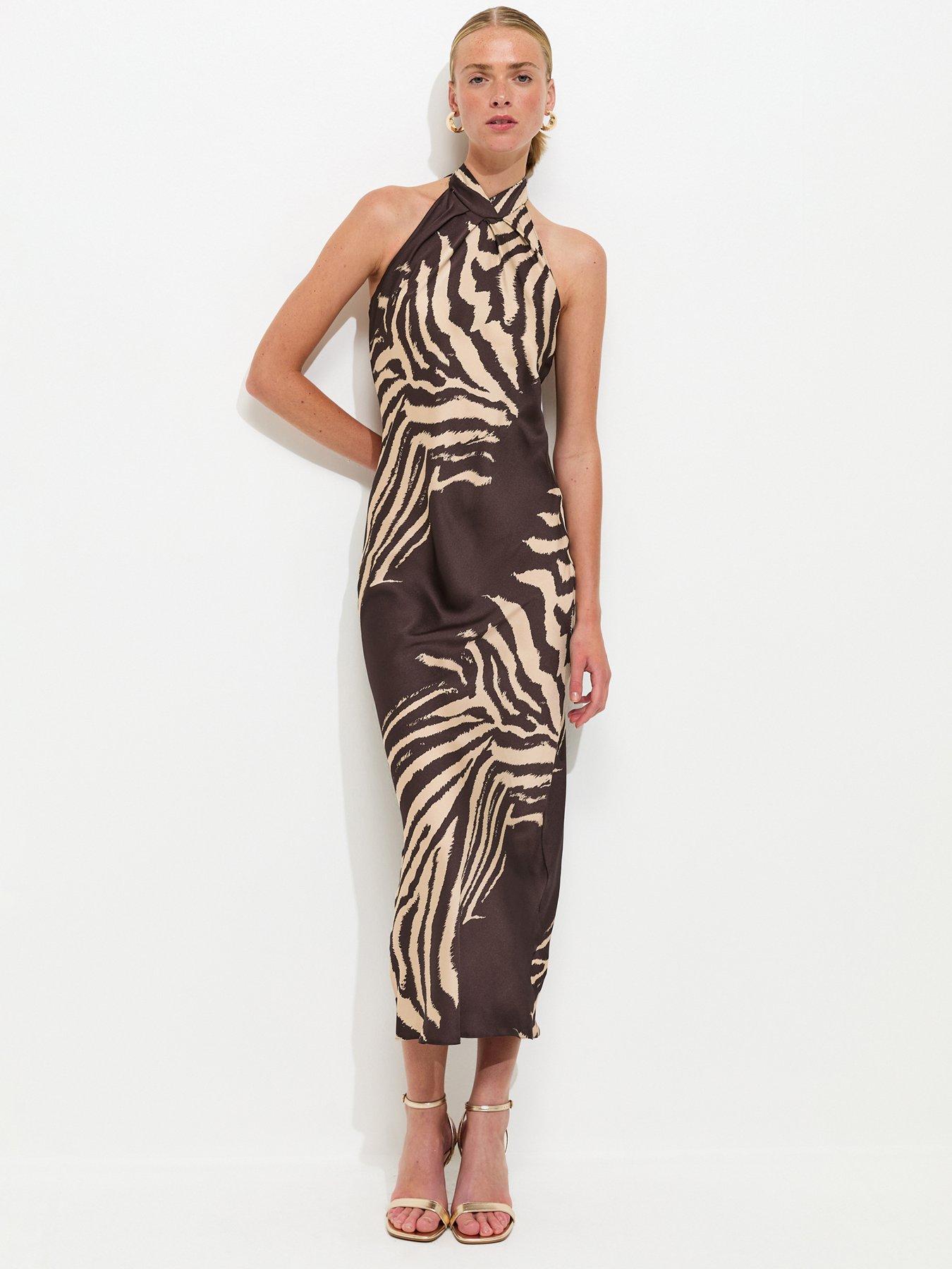 New Look Brown Satin Zebra Print Halterneck Midi Dress