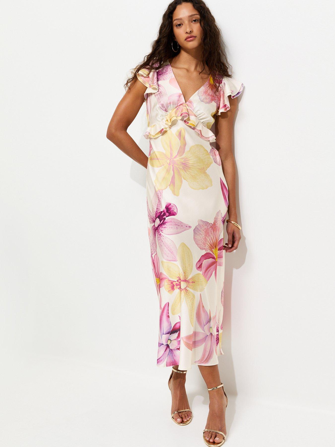 New Look Cream Satin Orchid Print Flutter Sleeve Midi Dress