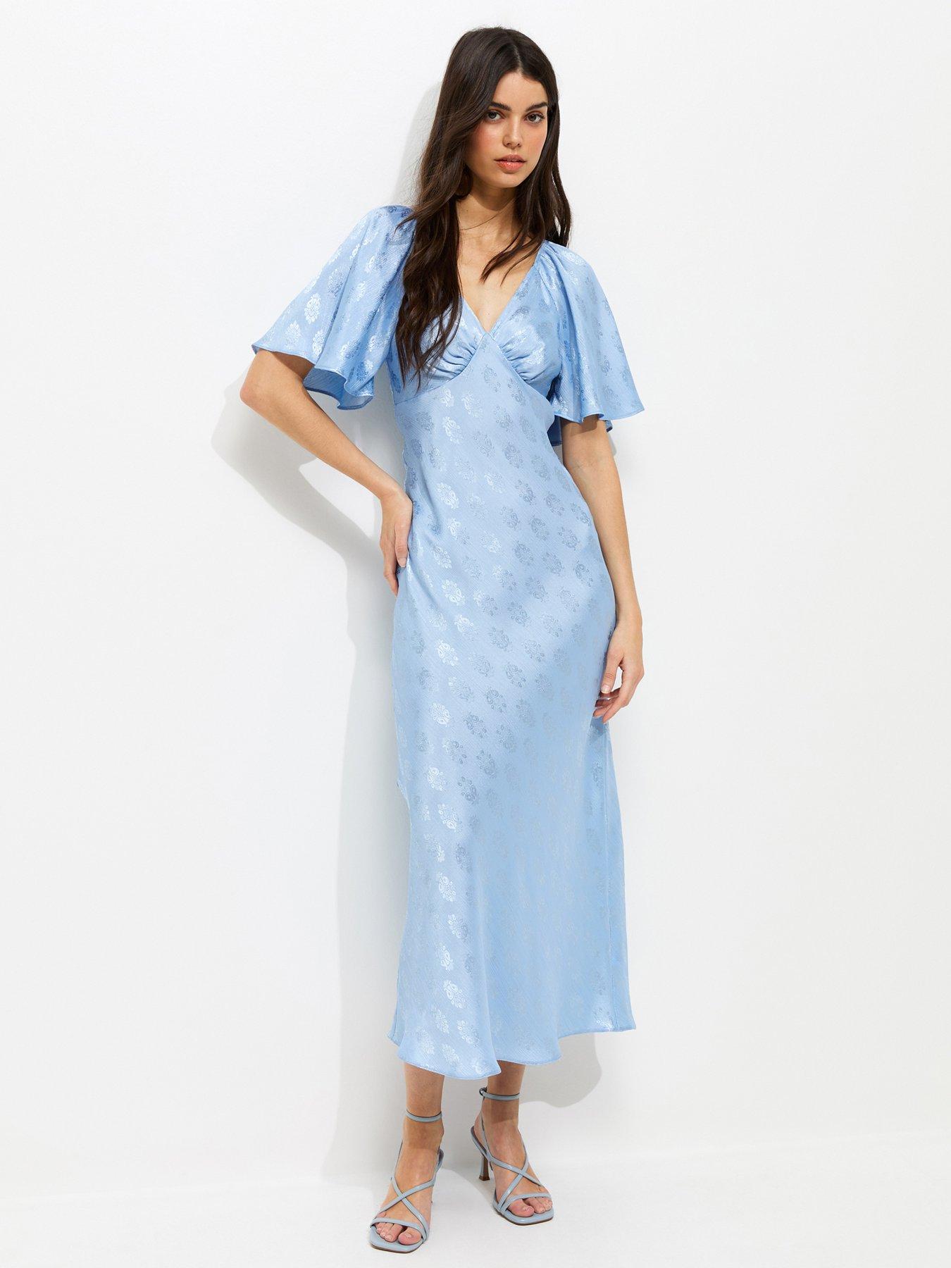 New Look Paisley Pattern Jacquard Flutter Sleeve Midi Dress - Light Blue