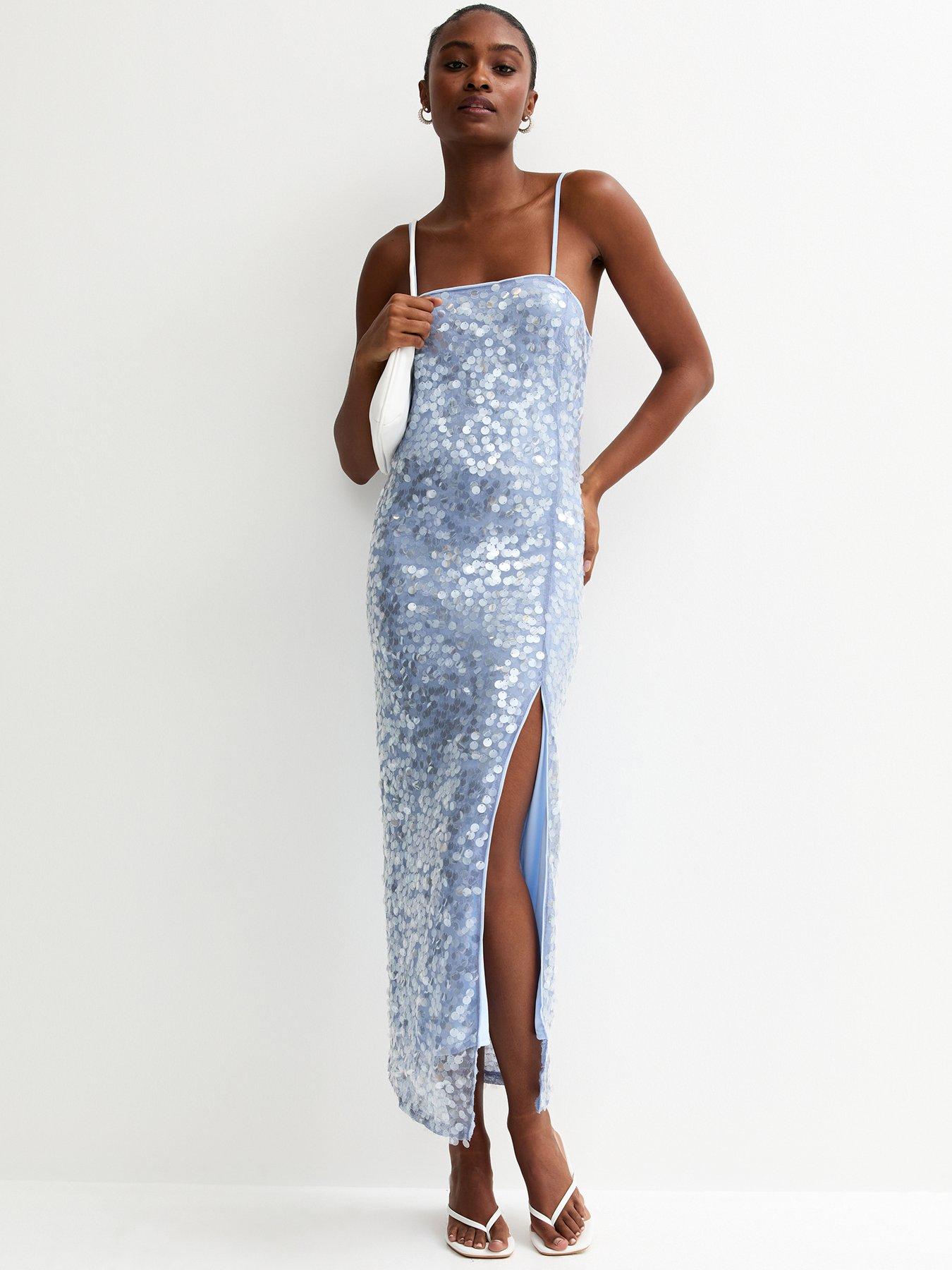 New Look Sequin Strappy Tie Back Maxi Dress - Light Blue