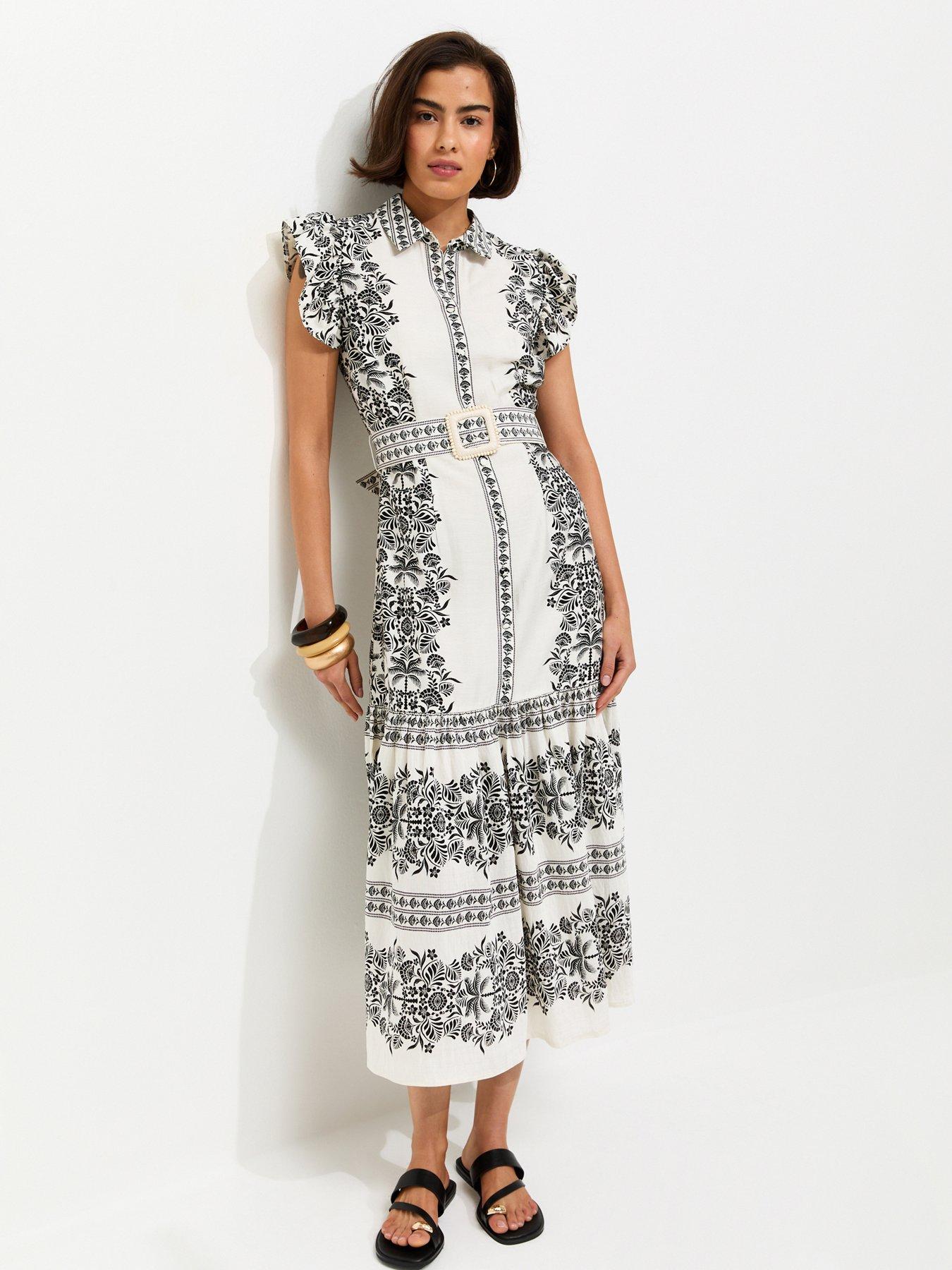 New Look Cream Floral Border Print Buckle Detail Shirt Dress