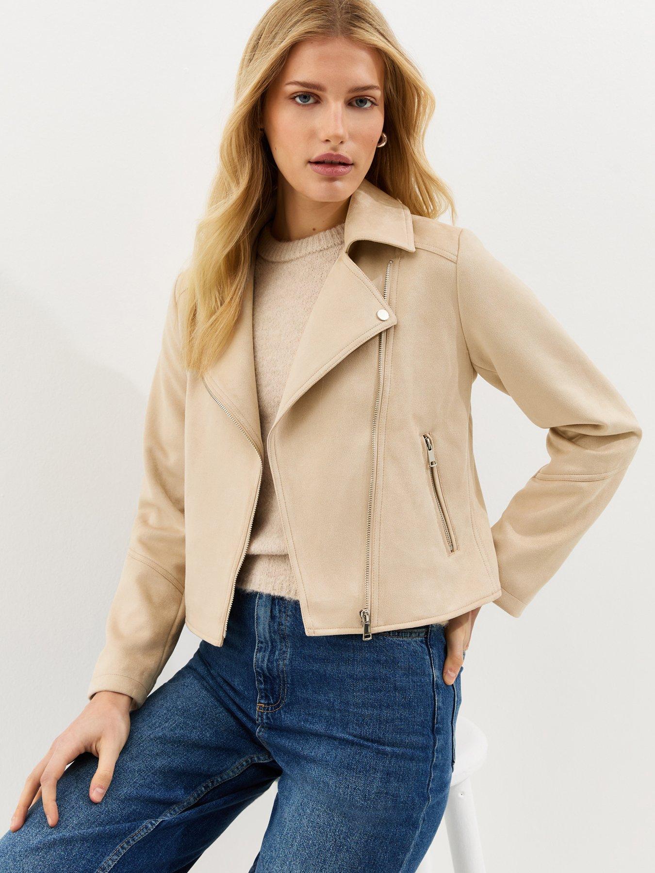 New Look Stone Faux Suede Biker Jacket