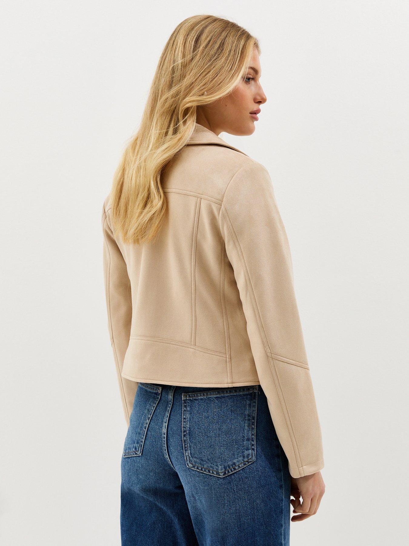 Image 2 of 5 of New Look Faux Suede Biker Jacket - Stone