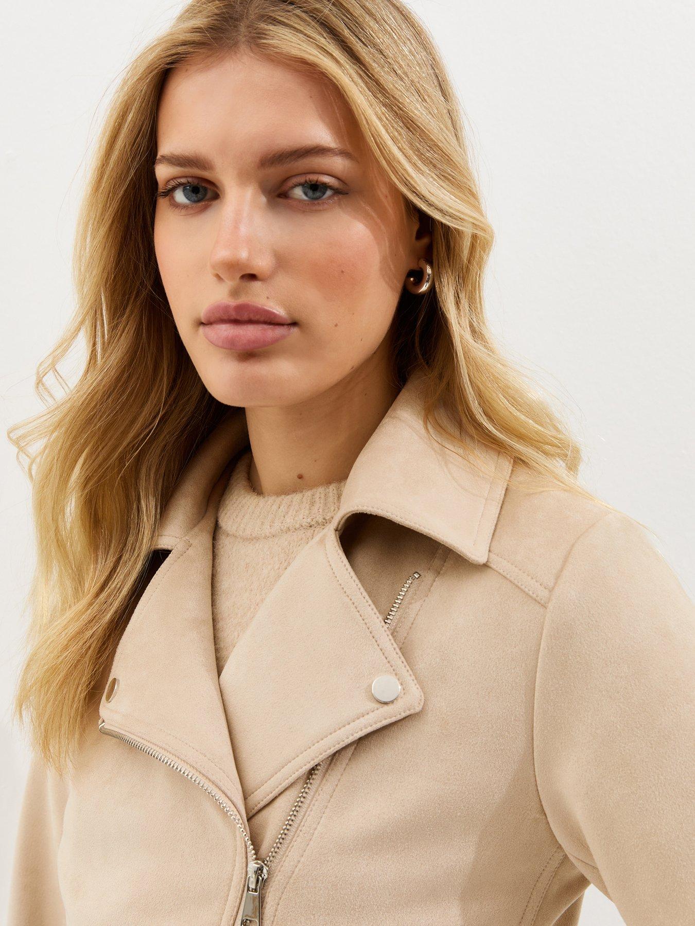 Image 4 of 5 of New Look Faux Suede Biker Jacket - Stone
