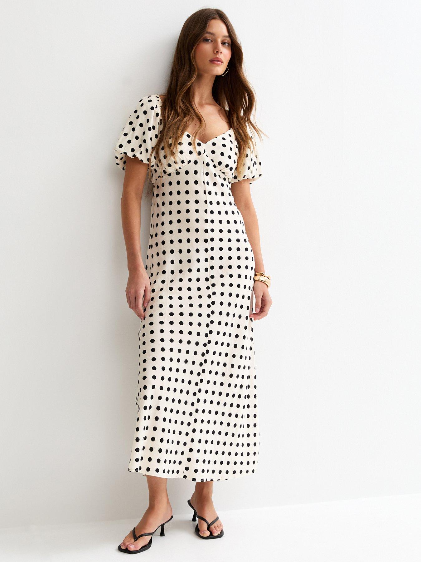 New Look Cream Polka Dot Puff Sleeve Midi Dress