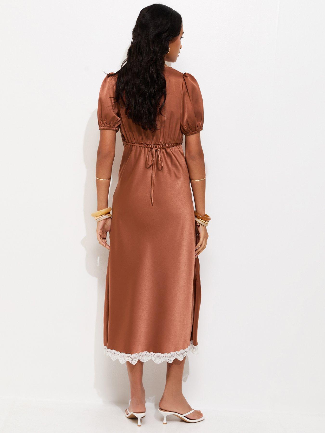 Image 2 of 5 of New Look Lace Trim Satin Tea Midi Dress - Brown
