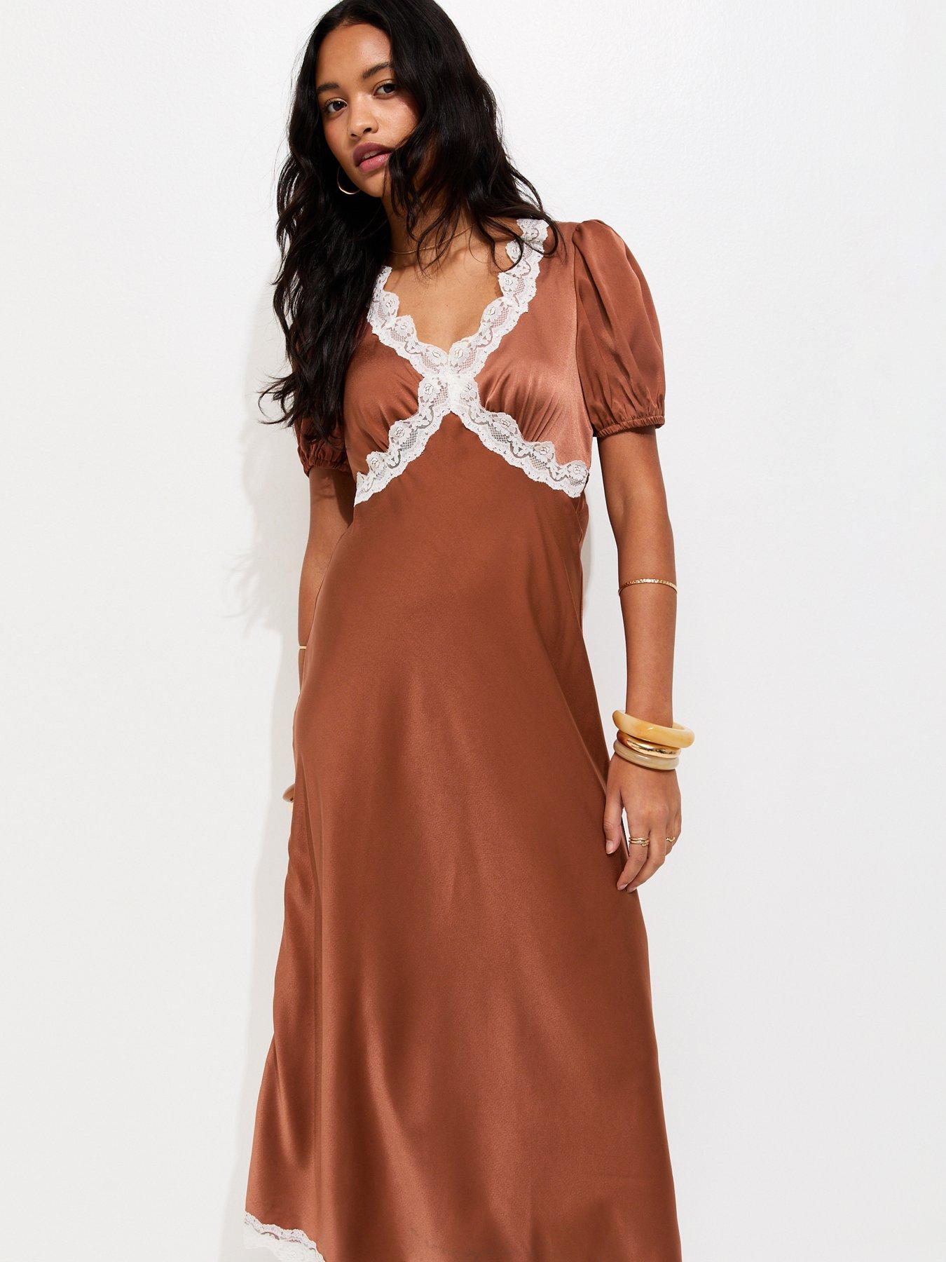 Image 3 of 5 of New Look Lace Trim Satin Tea Midi Dress - Brown