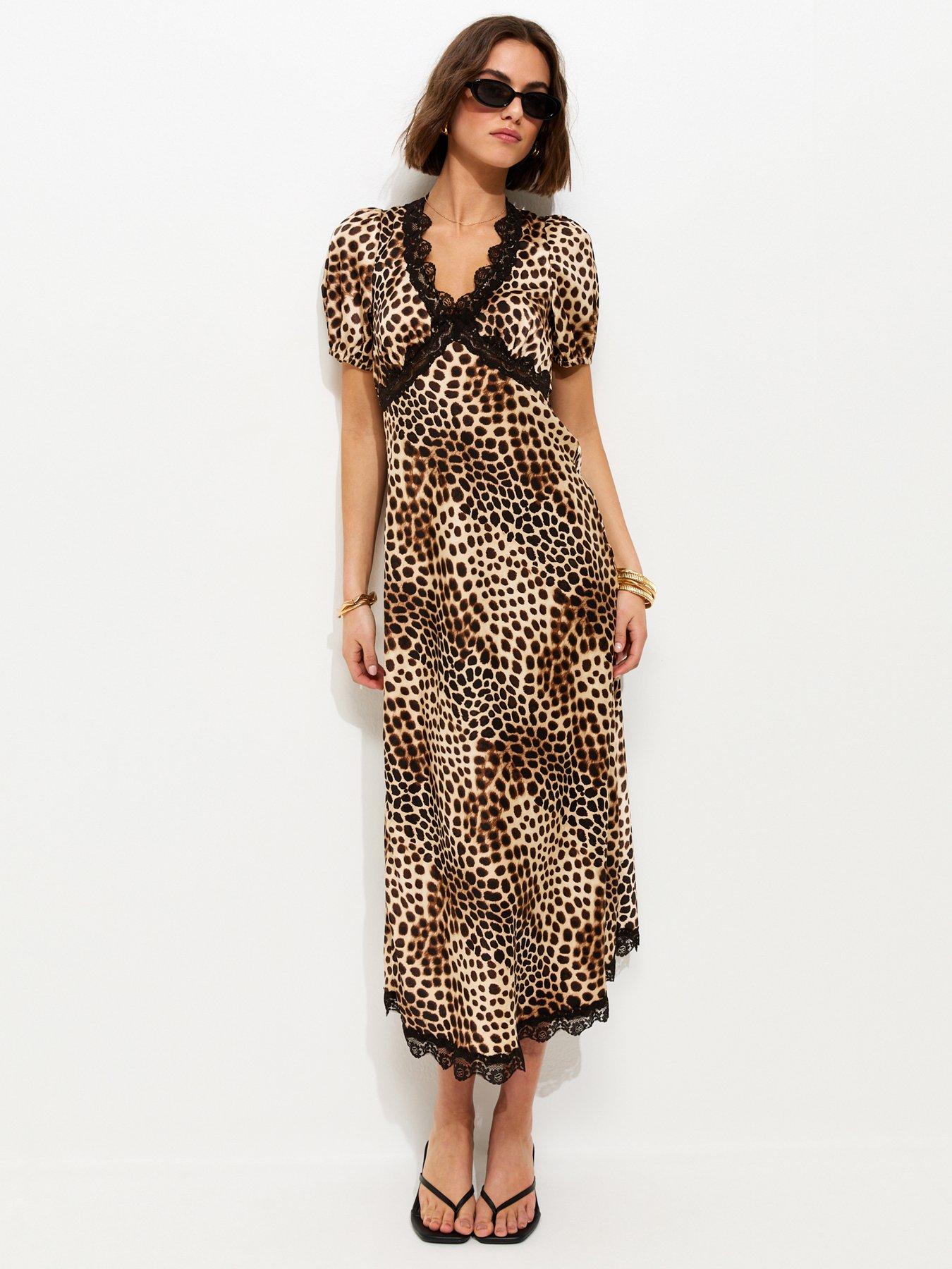 New Look Brown Satin Leopard Print Tea Midi Dress
