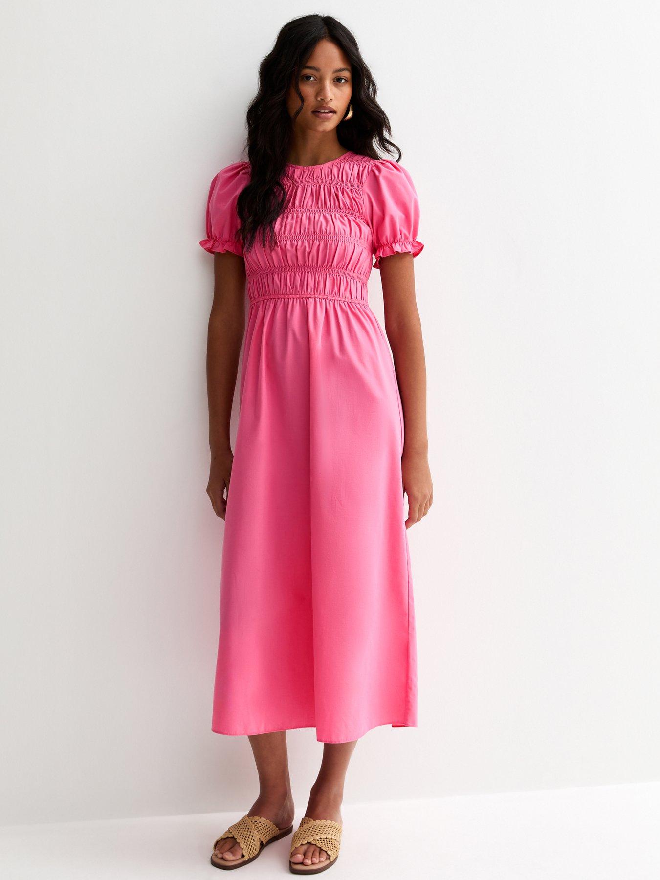 New Look Bright Pink Shirred Poplin Midi Dress