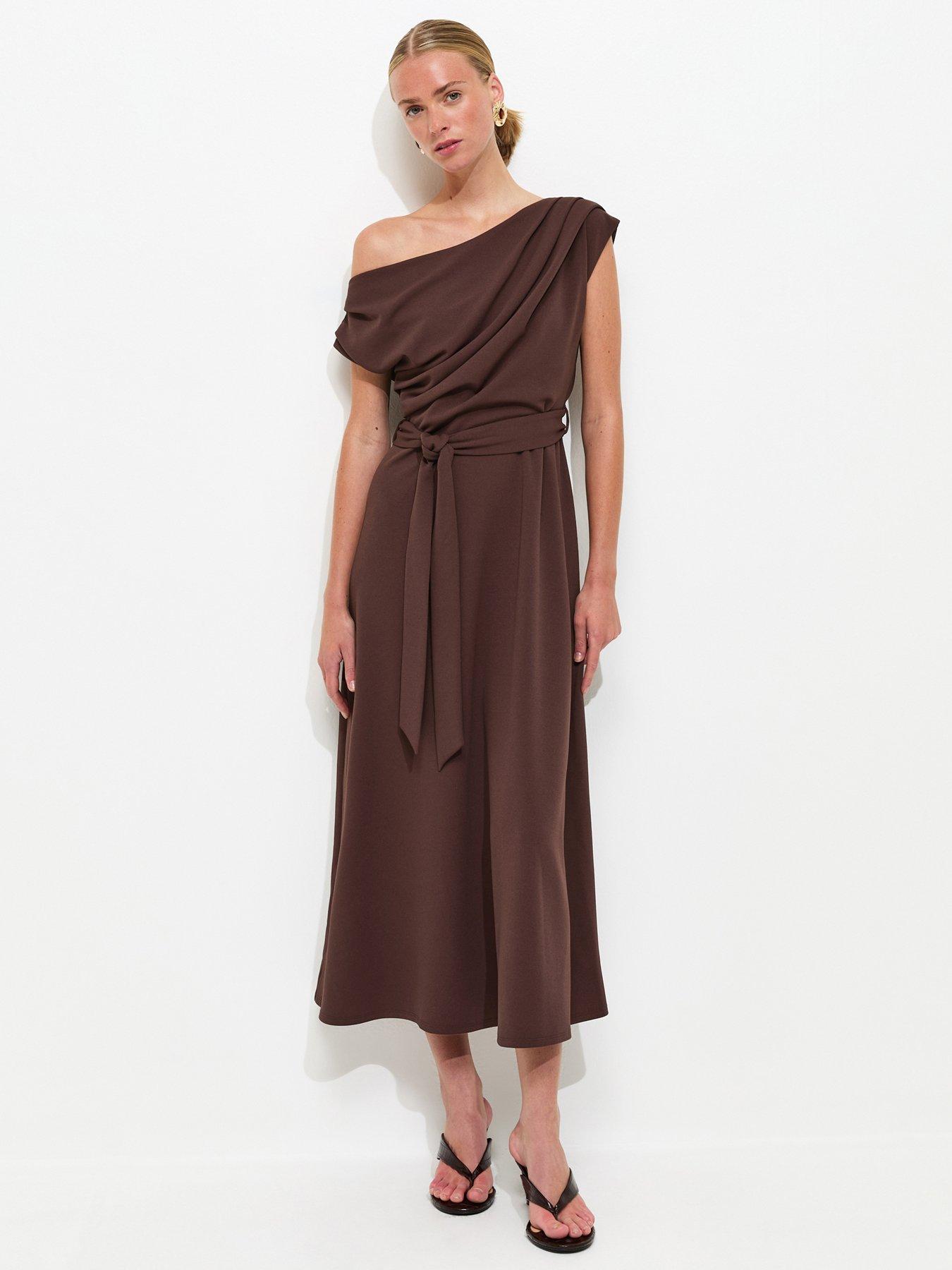 New Look Dark Brown Fallen Shoulder Tie Waist Midi Dress