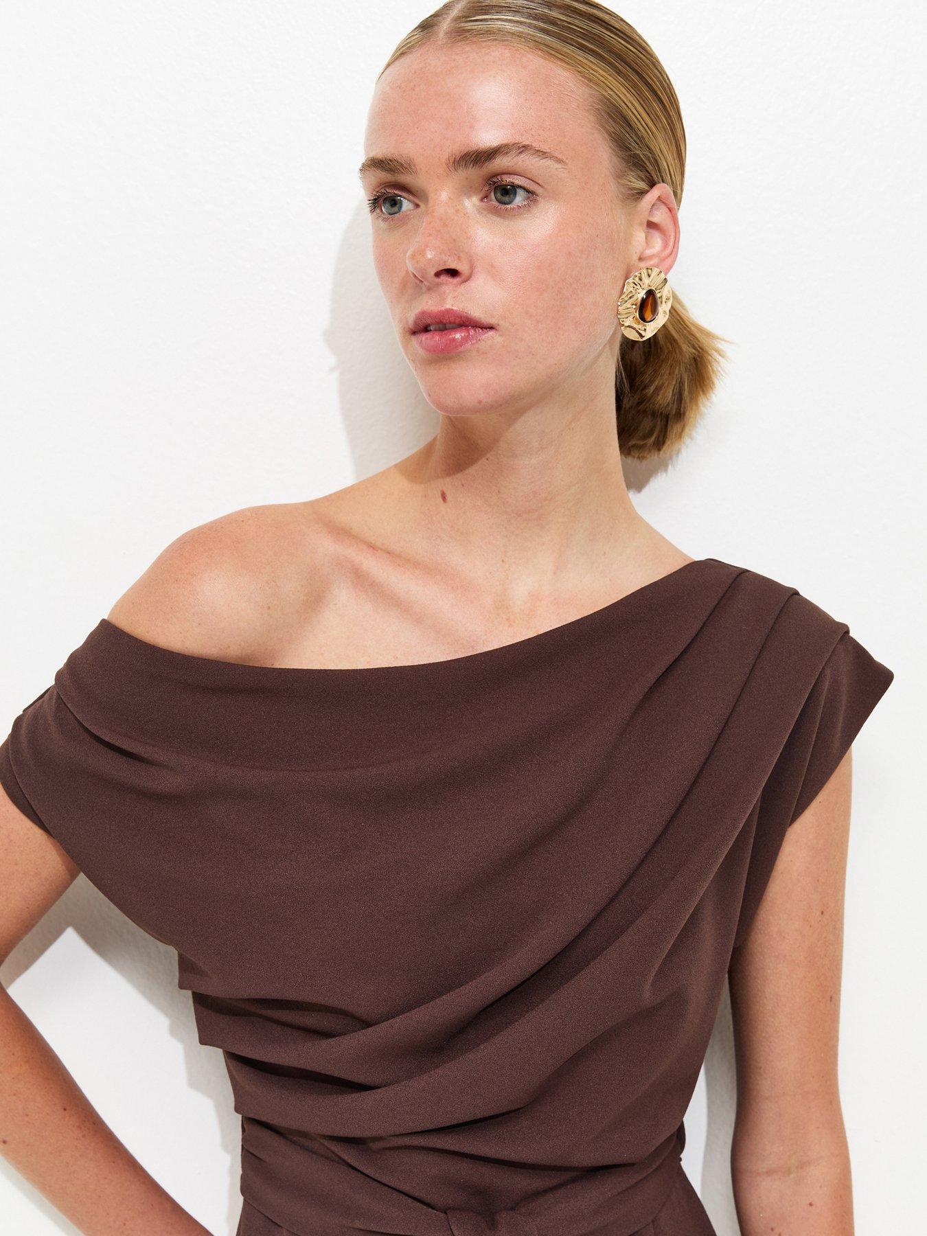 New Look Fallen Shoulder Tie Waist Midi Dress - Dark Brown | Very Ireland