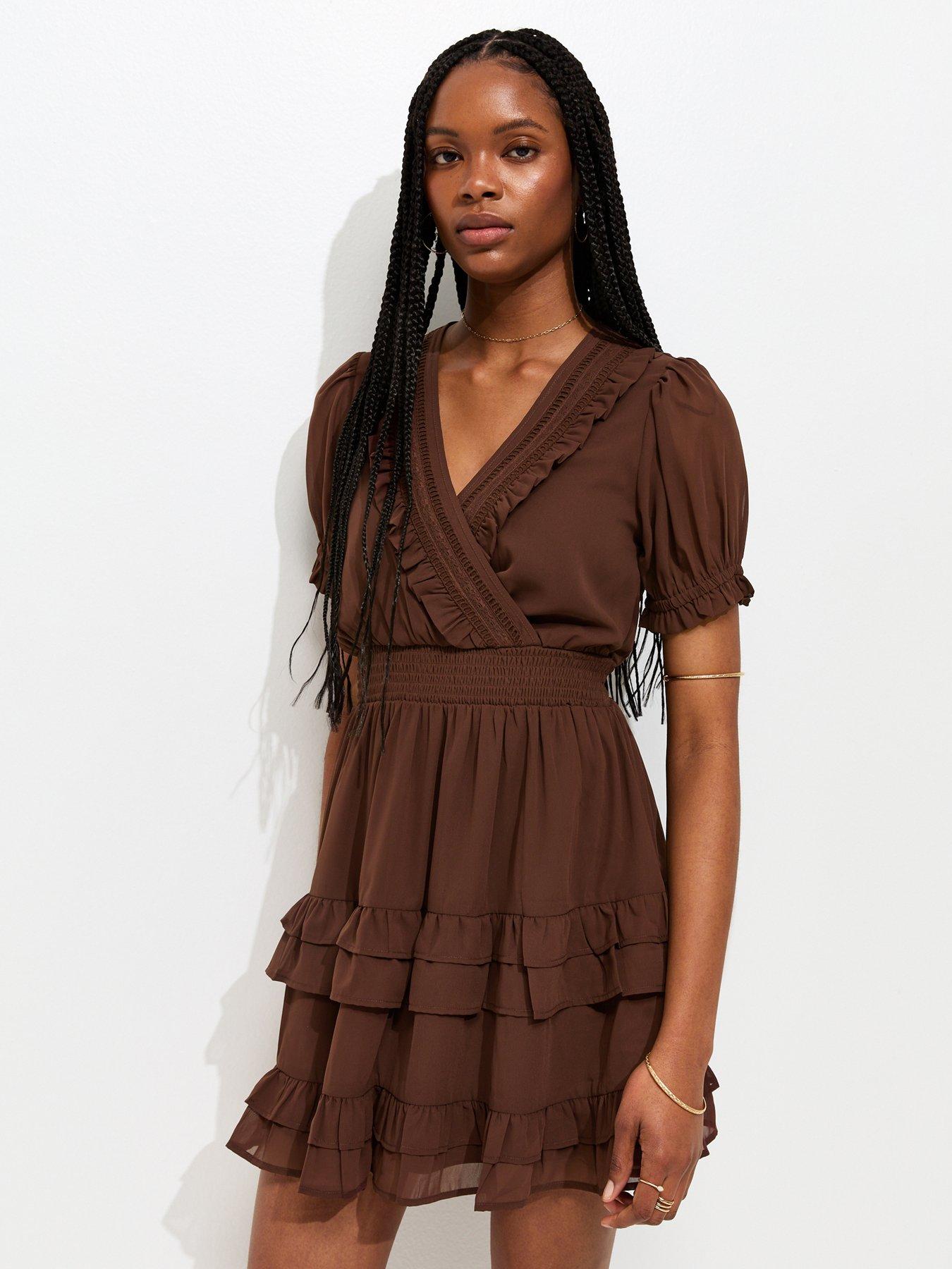 New Look Ruffle Trim V-Neck Short Sleeve Mini Dress - Brown