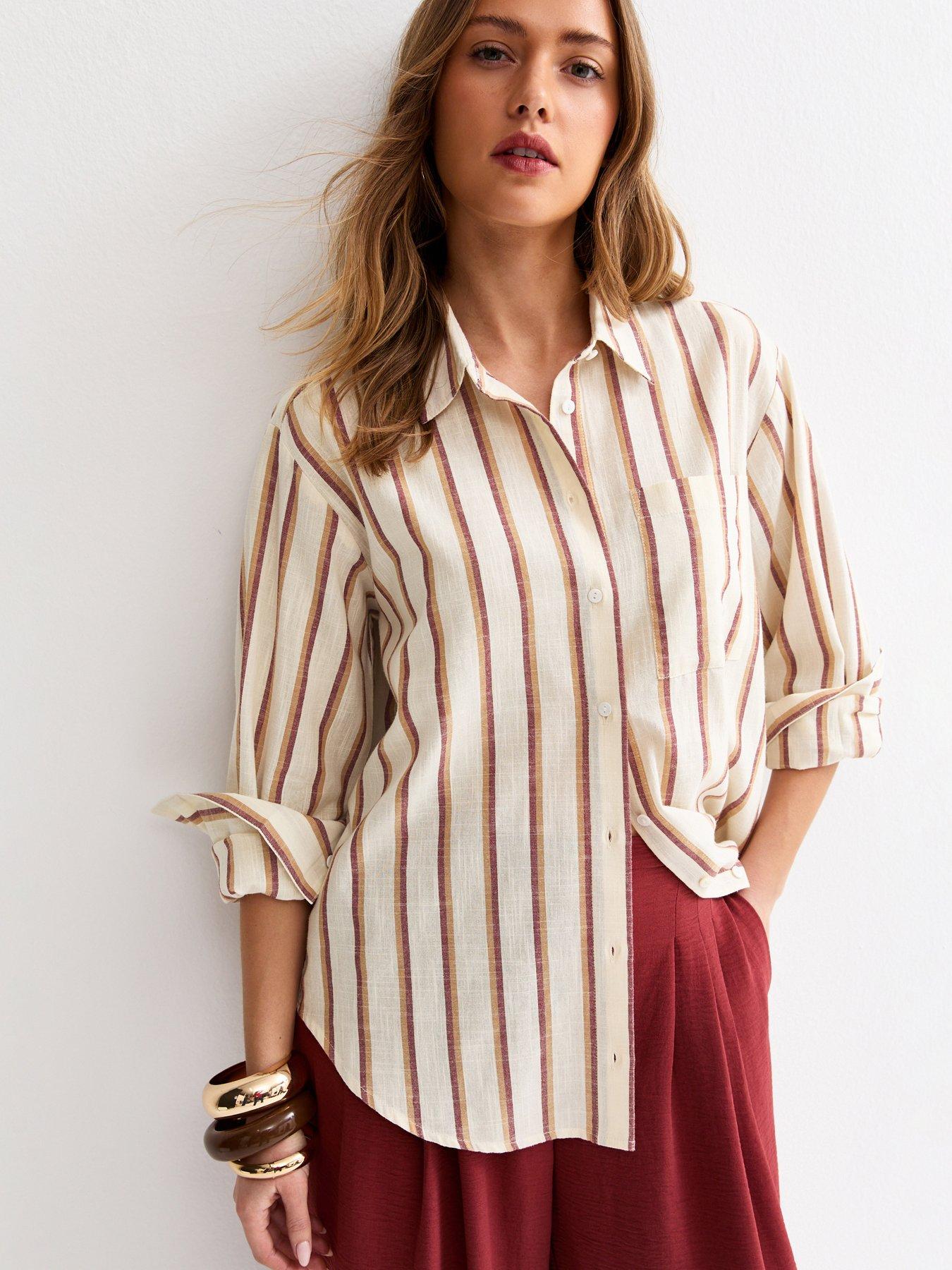 New Look Cream Striped Cotton Long Sleeve Shirt - Brown