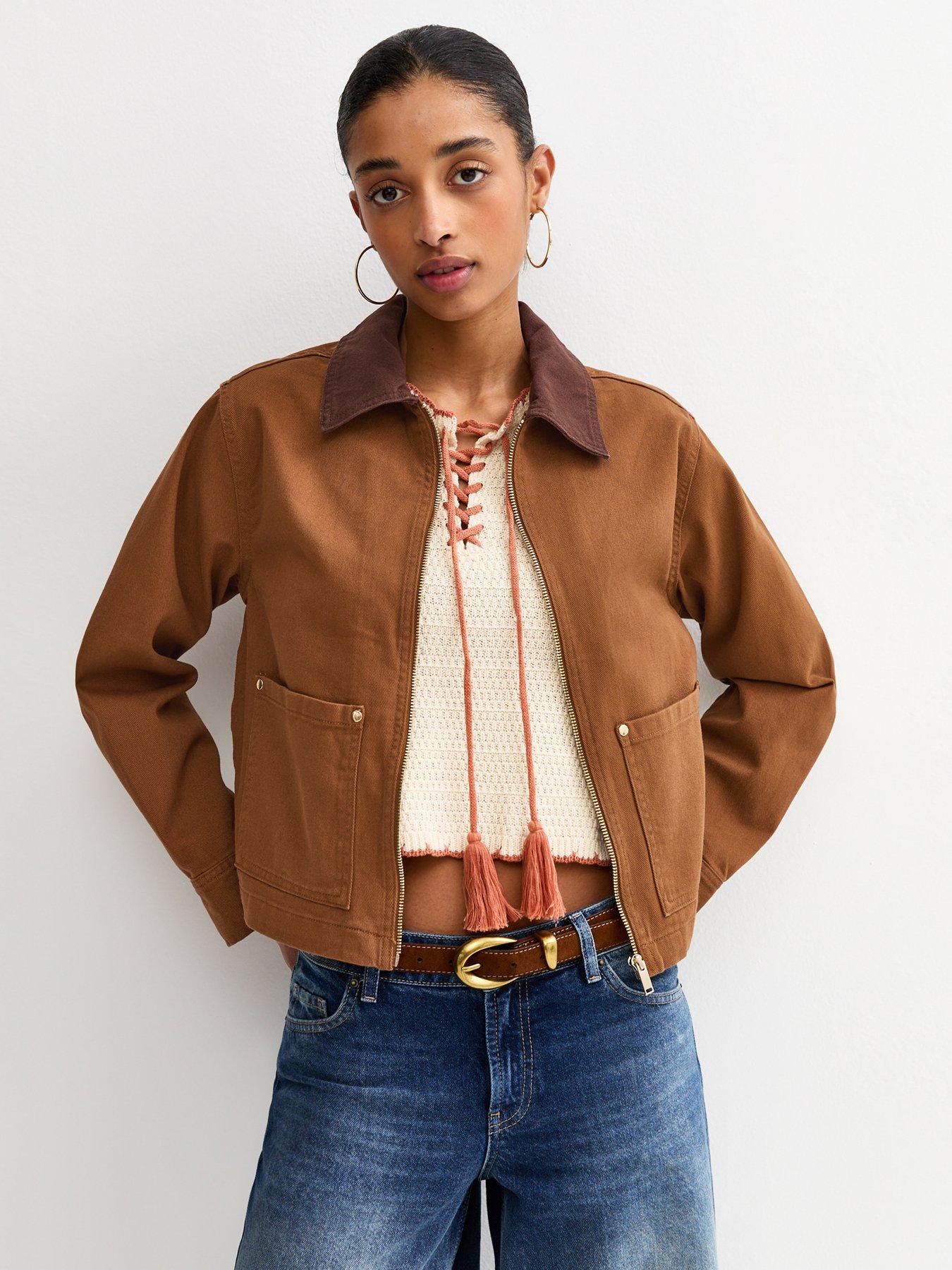 New Look Contrast Collar Barn Jacket - Dark Brown
