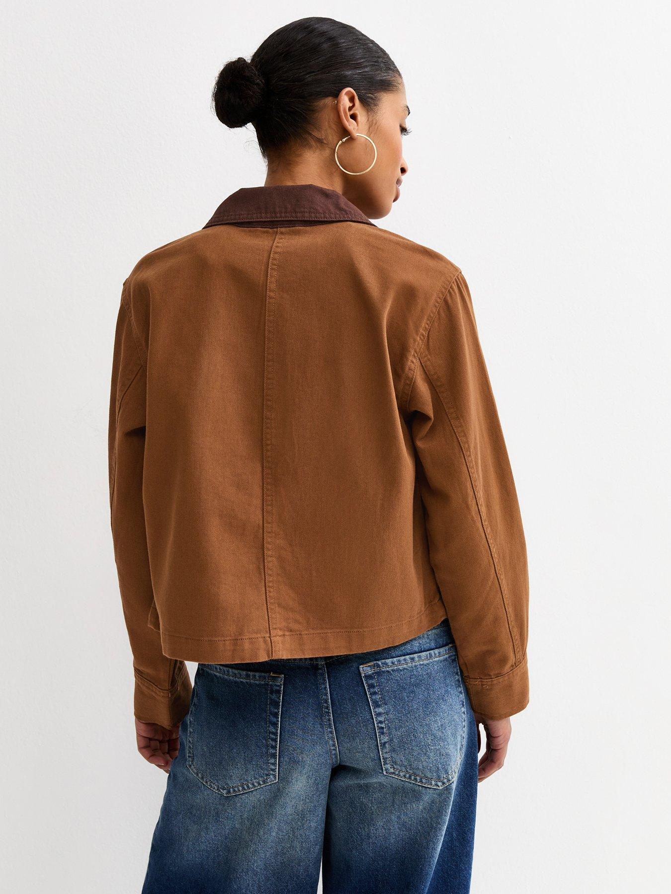 Image 2 of 5 of New Look Contrast Collar Barn Jacket - Dark Brown
