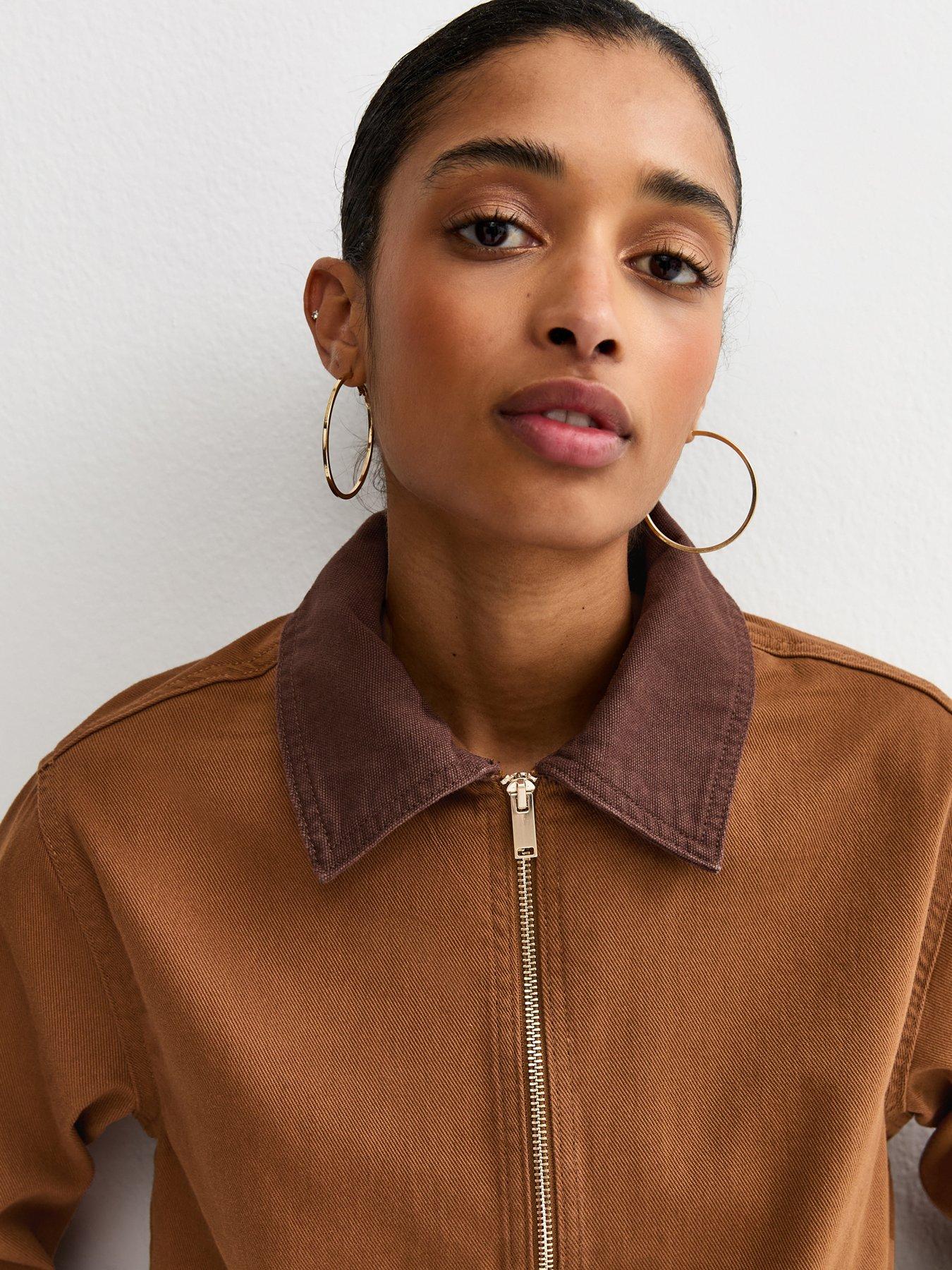 Image 4 of 5 of New Look Contrast Collar Barn Jacket - Dark Brown