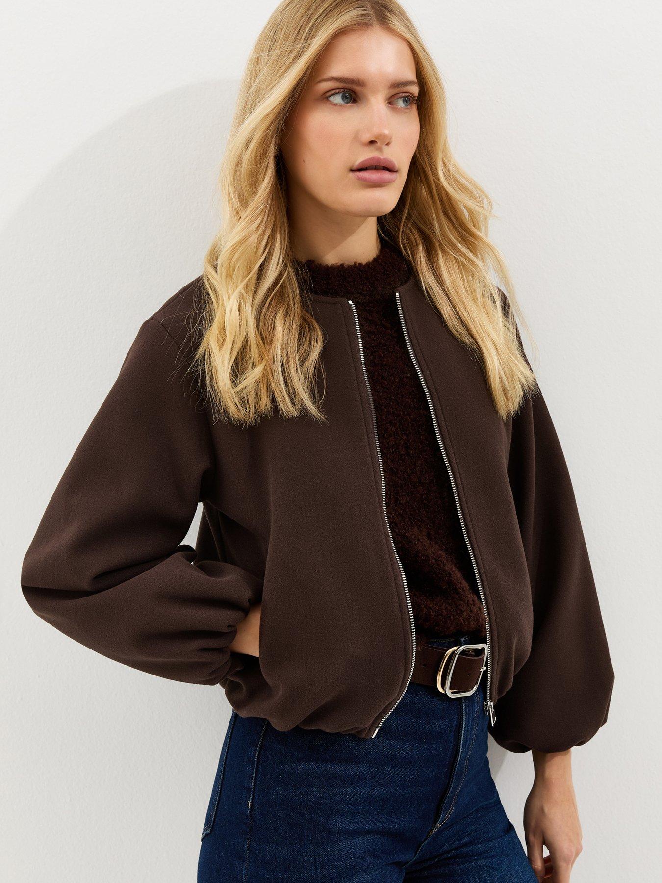 New Look Brown Collarless Zip Through Bomber Jacket