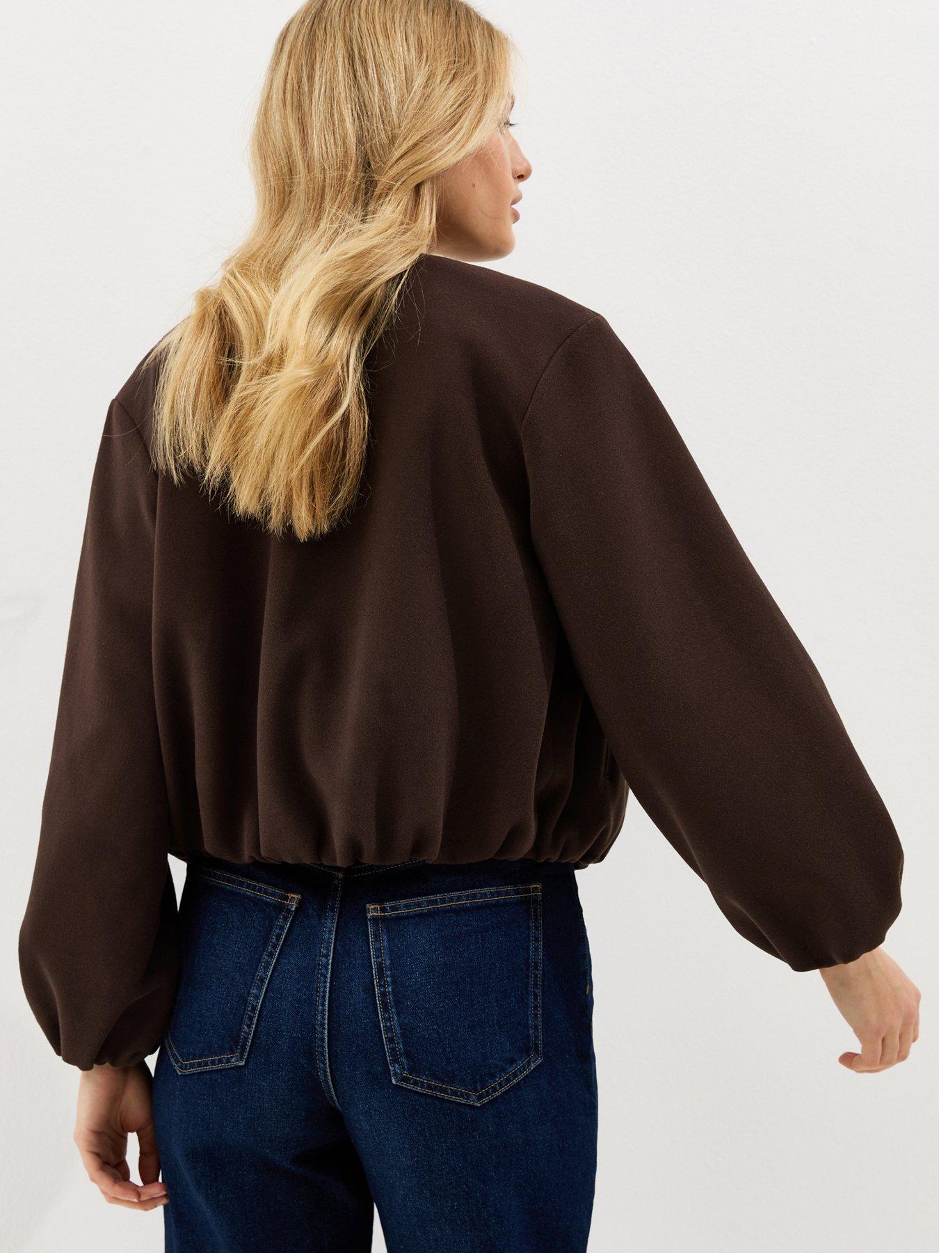 Image 2 of 5 of New Look Brown Collarless Zip Through Bomber Jacket