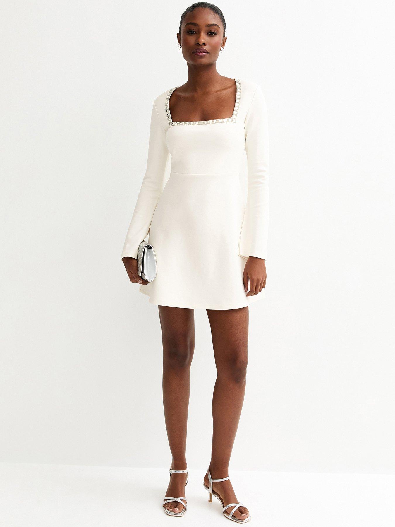 Image 1 of 5 of New Look Diamante Square Neck Mini Dress - White