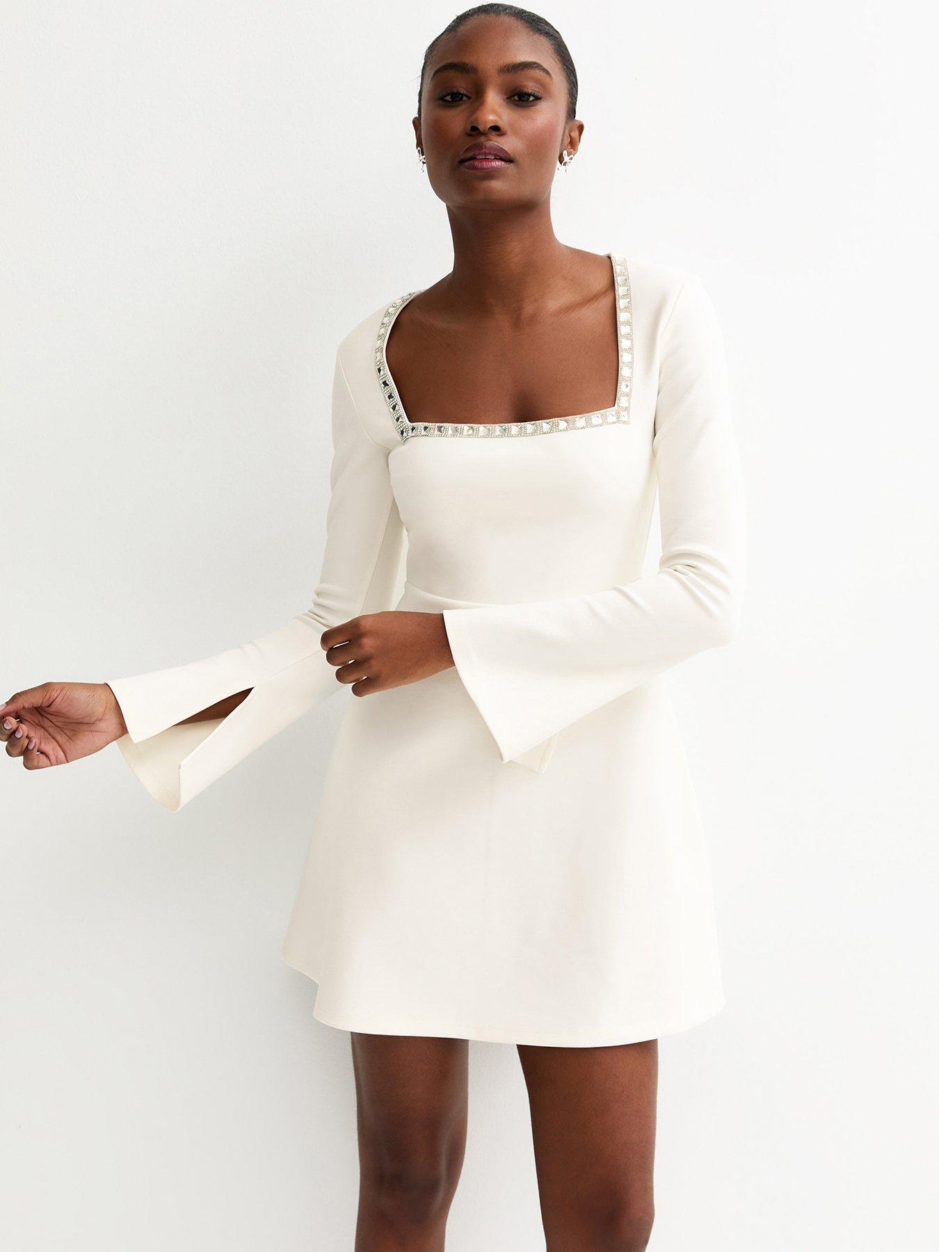 Image 3 of 5 of New Look Diamante Square Neck Mini Dress - White