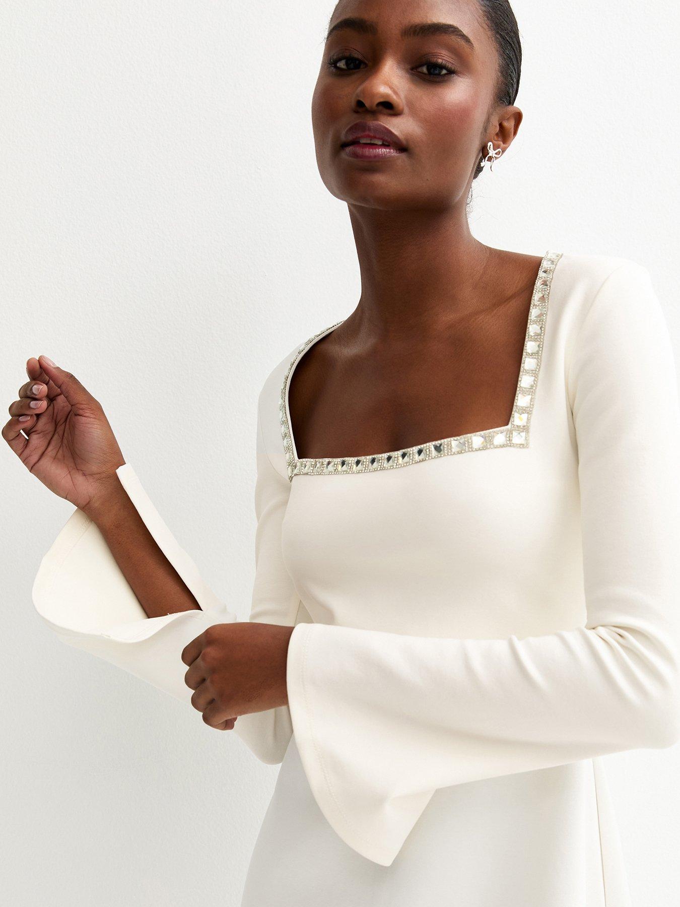 Image 4 of 5 of New Look Diamante Square Neck Mini Dress - White